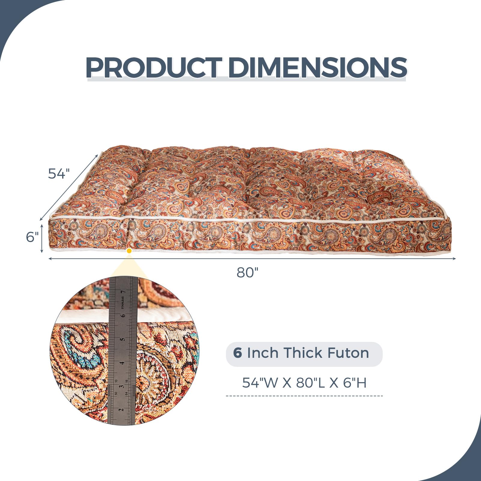 MAXYOYO 6 Bohemian Futon Mattress Full Size - Thickened Sofa Bed with Yellow Cover for Living Room, Guest Room & Dorm | Convertible Couch to Bed for Small Spaces