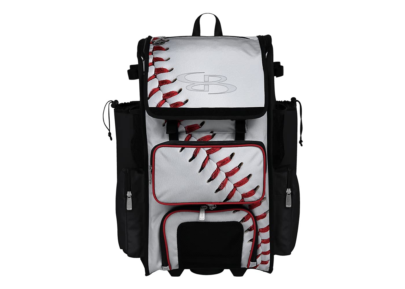 Boombah Rolling Superpack 2.0 Baseball Softball Gear Bag - 23.5 x 13.5 x 9.5 Inch Wheeled Sports Duffel with Telescopic Handle & 4 Bat Holders - White Black Red - Perfect for Travel, Practice & Games