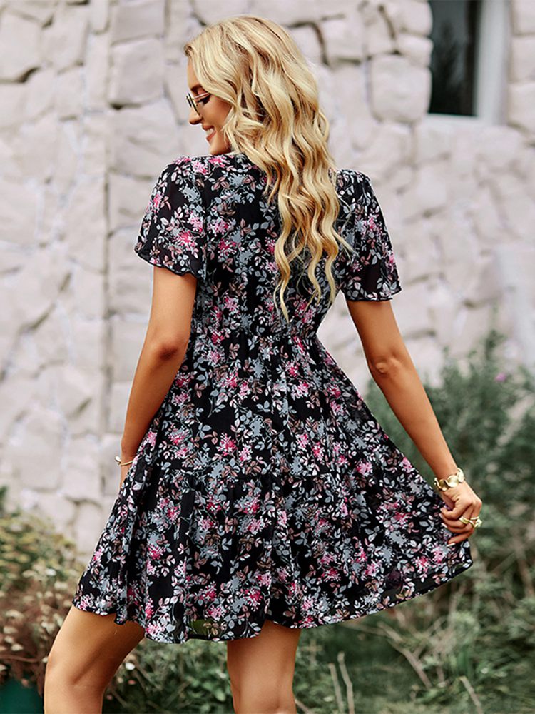 Women's Floral V-Neck Short Sleeve Summer Dress - Perfect for Beach Vacations, Brunch Dates & Casual Outings