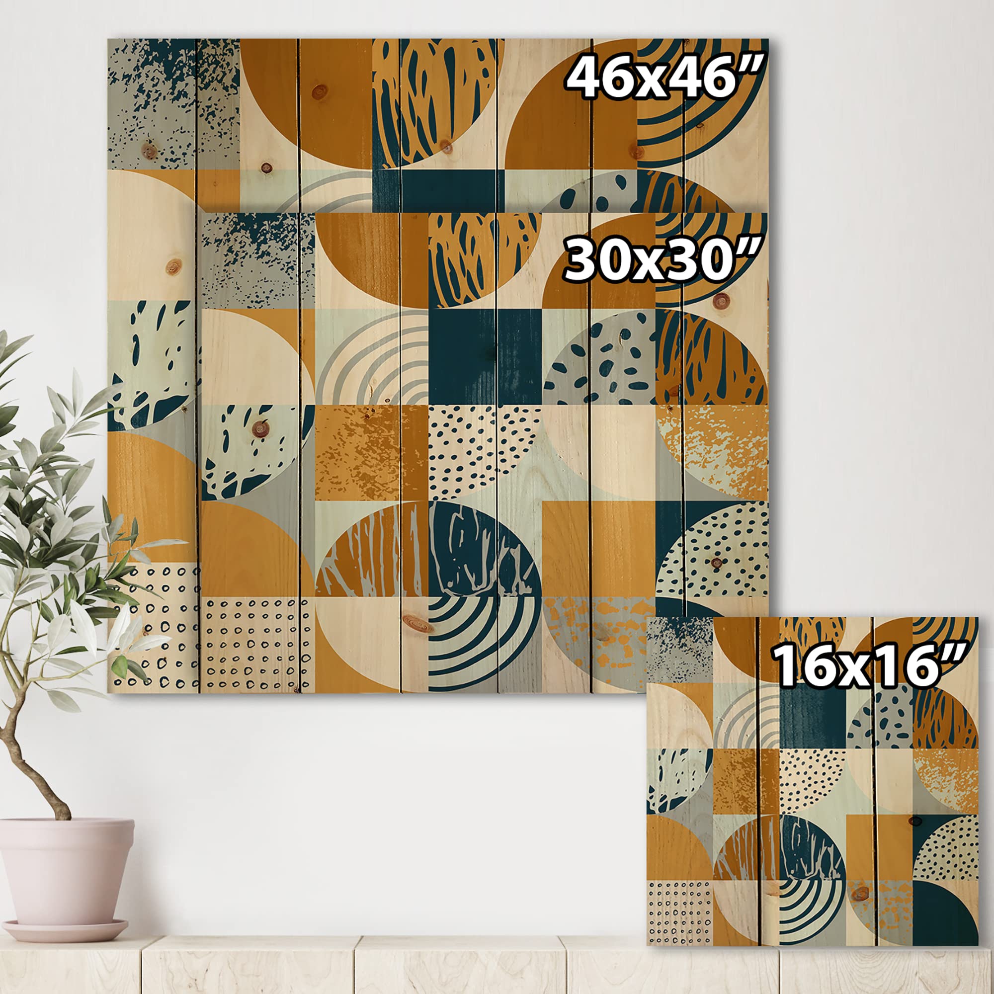 Modern Geometric Wood Wall Art - Retro Semicircles, Circles & Squares Design on Natural Pine Wood - Large Blue Contemporary Wall Decor for Living Room, Bedroom or Office