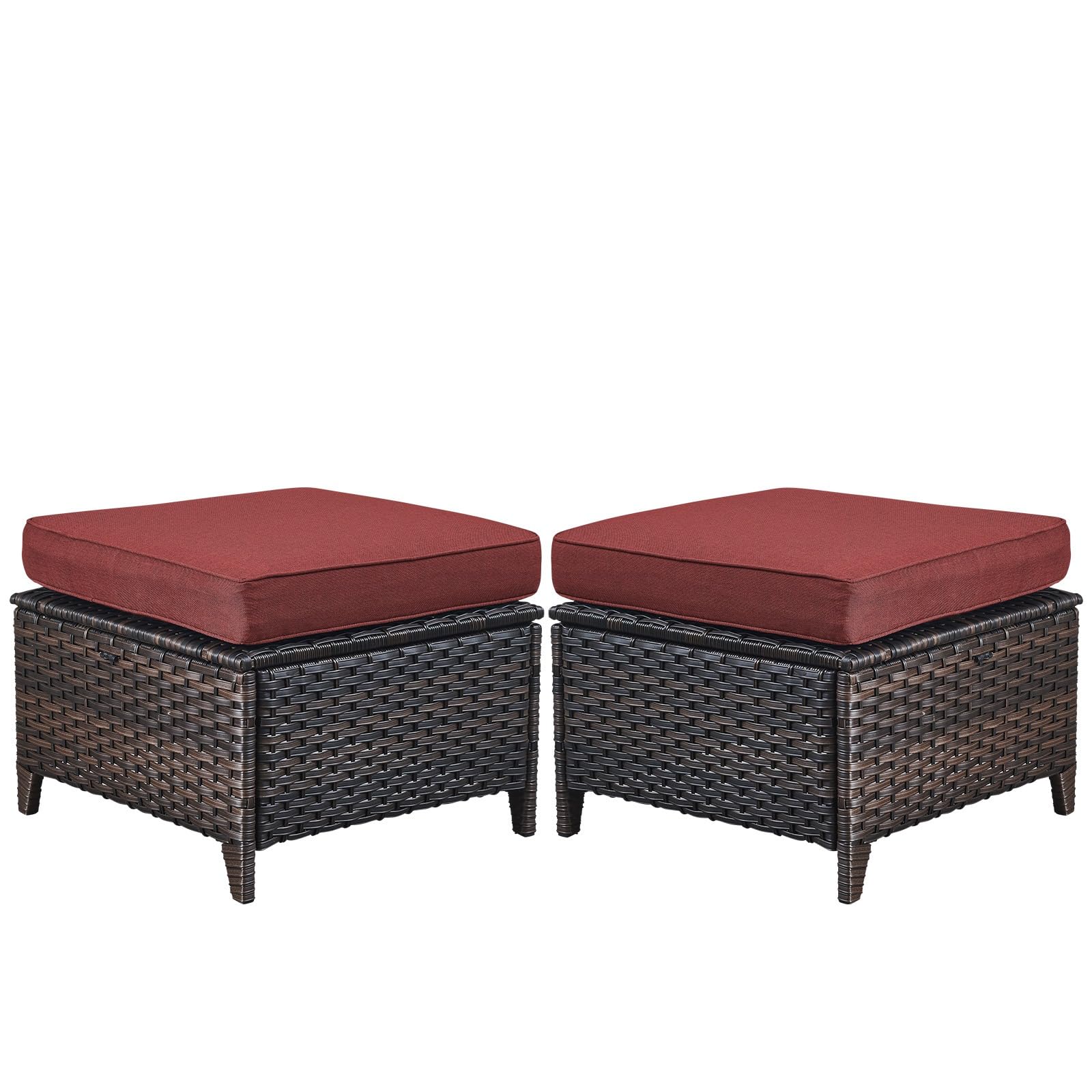 Outdoor Ottomans Set of 2 - All Weather PE Wicker Foot Stools with Removable Cushions for Patio, Deck, Balcony & Backyard - Brown Rattan Ottoman Footrest for Relaxing Outdoors