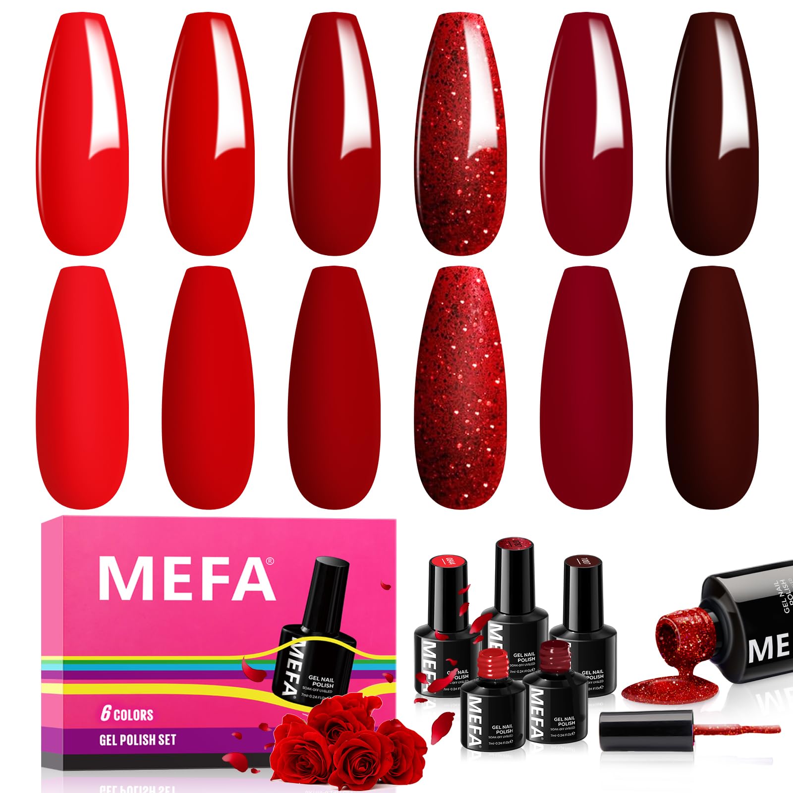 **MEFA 6 Colors Red Gel Nail Polish Set - Burgundy, Glitter, Rose & Dark Red Shimmer Soak Off Gel Kit | DIY Home Salon Manicure Gifts for Women & Girls | Perfect for Parties, Holidays & Special Occasions**
