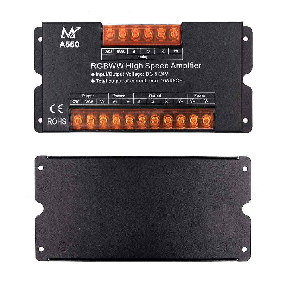 XUNATA RGBWW High Speed Power Amplifier - 50A Signal Repeater for 5050 LED Strips (5 Channels, DC 5V/12V/24V) - Perfect for Home Theater Lighting, Gaming Setup, and Architectural LED Projects
