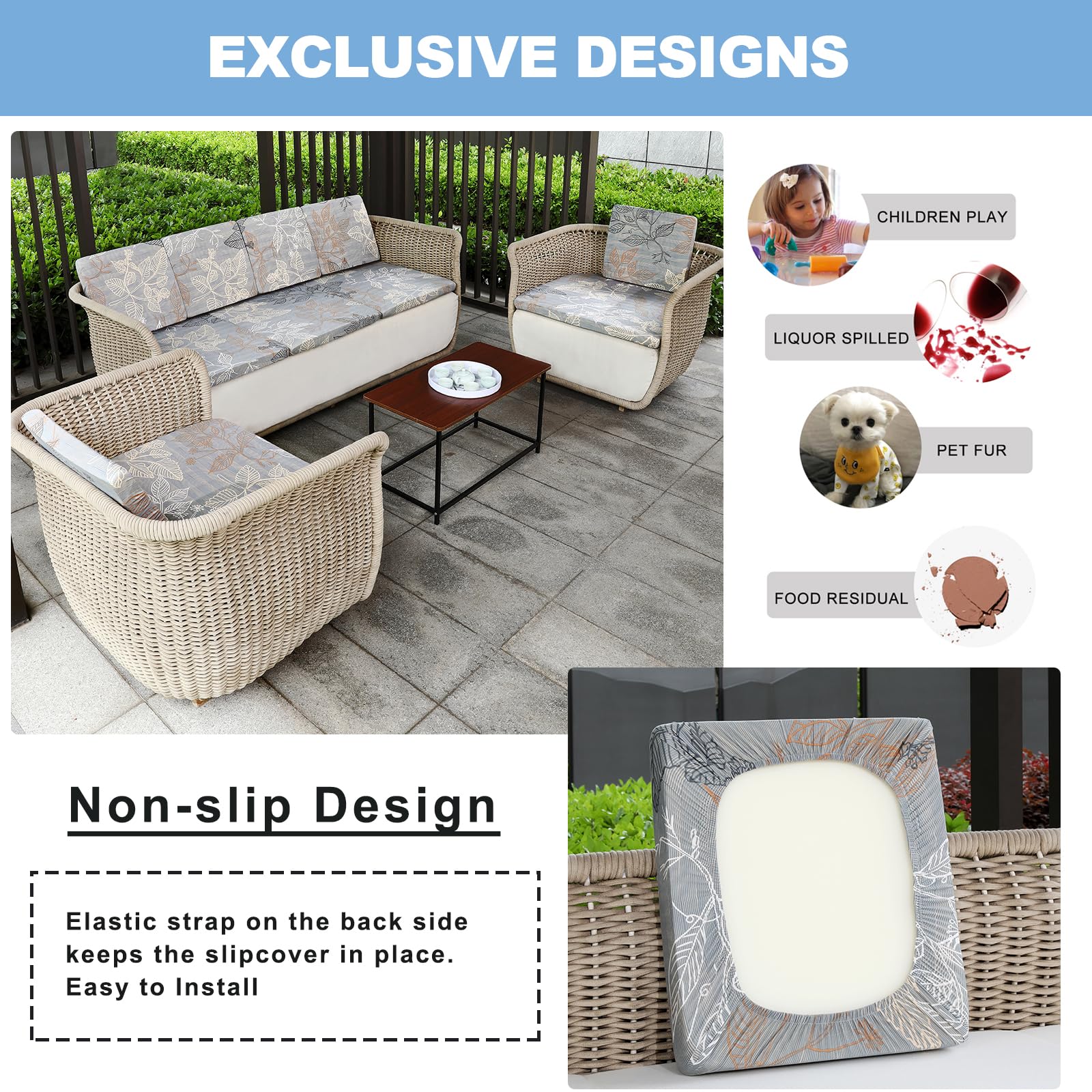 4 Pack Stretchable Waterproof Patio Cushion Covers - 20-27 Inch Replacement Covers for Outdoor Sofa, Chair & Furniture Protection (Covers Only) - Perfect for Backyard, Deck, Poolside & Patio Relaxation