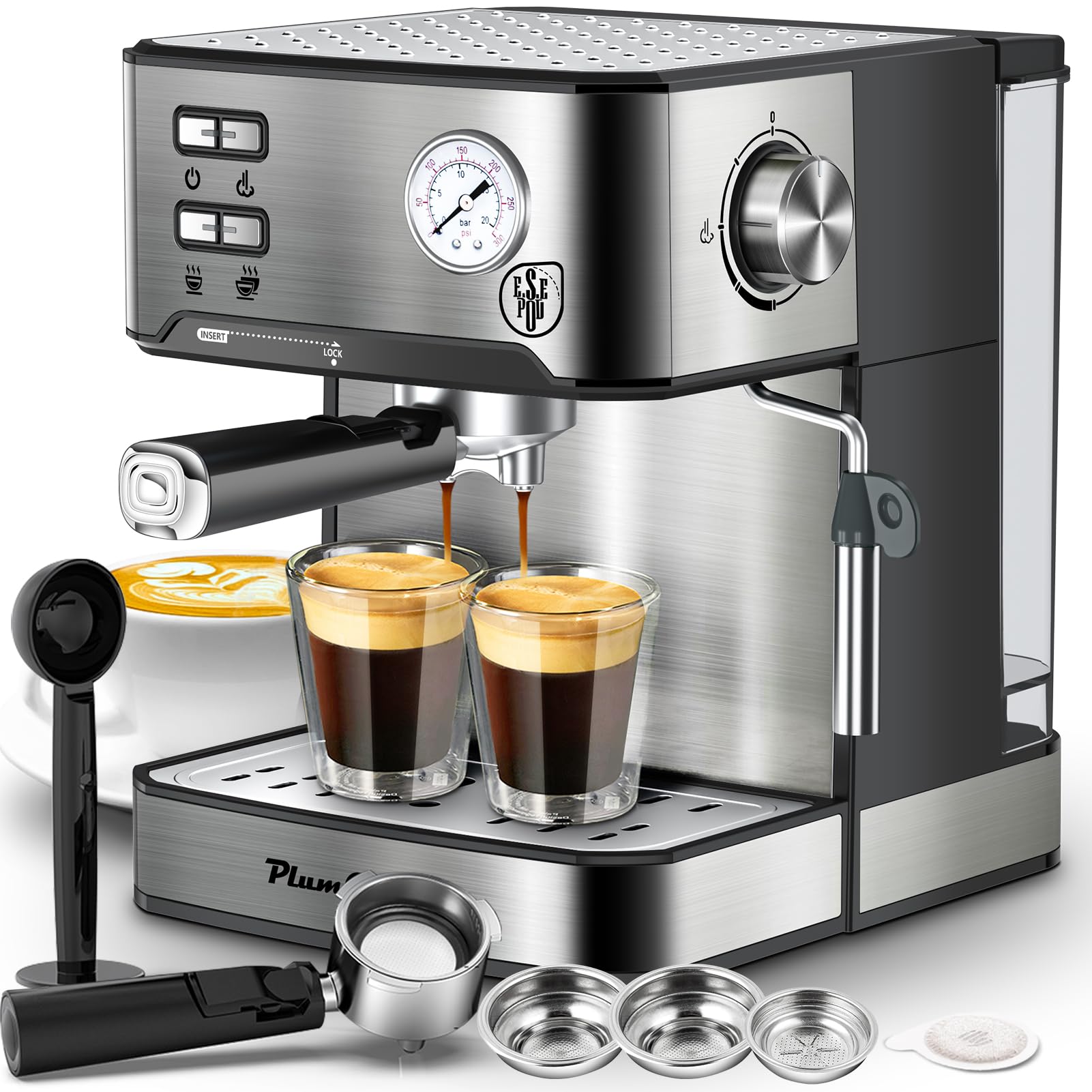 PlumChef 20 Bar Professional Espresso Machine with Milk Frother - Compact Home Coffee Maker, 54oz Water Tank, Pressure Gauge & Steam Wand - Quiet & Fast for Cappuccino, Latte - Perfect for Home Baristas & Coffee Lovers