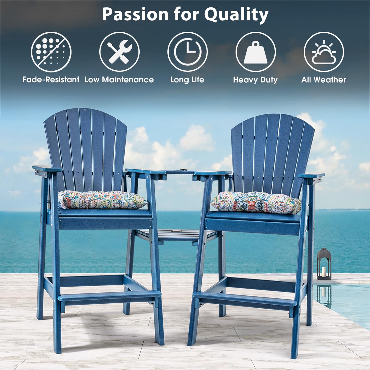Sundale Outdoor 3-Piece Adirondack Bar Set with Patio Umbrella Table & 2 Counter-Height Bar Chairs - Navy Blue HDPE Pub Table & Stools w/ 2 Umbrella Hole Caps | Perfect for Backyard, Deck, Poolside & Outdoor Dining