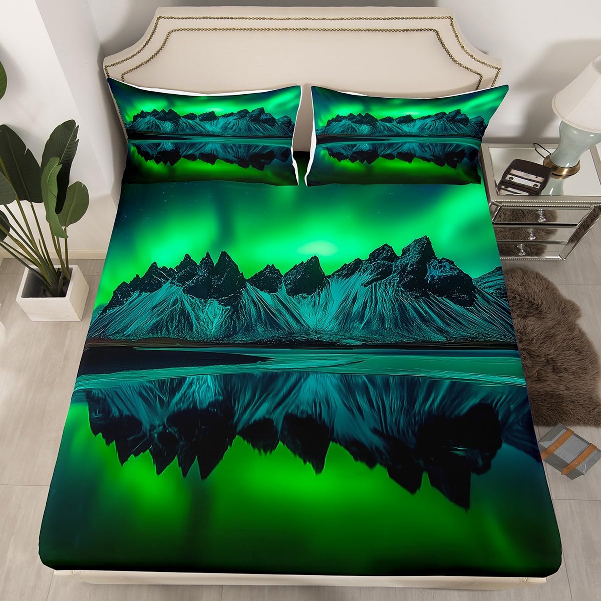 Northern Lights Bed Sheet Set for Kids & Youth - Queen Size Green Fitted Sheet with Mountain & Ocean Lake Scenery - Natural Landscape Bedroom Decor for Cozy & Relaxing Sleep