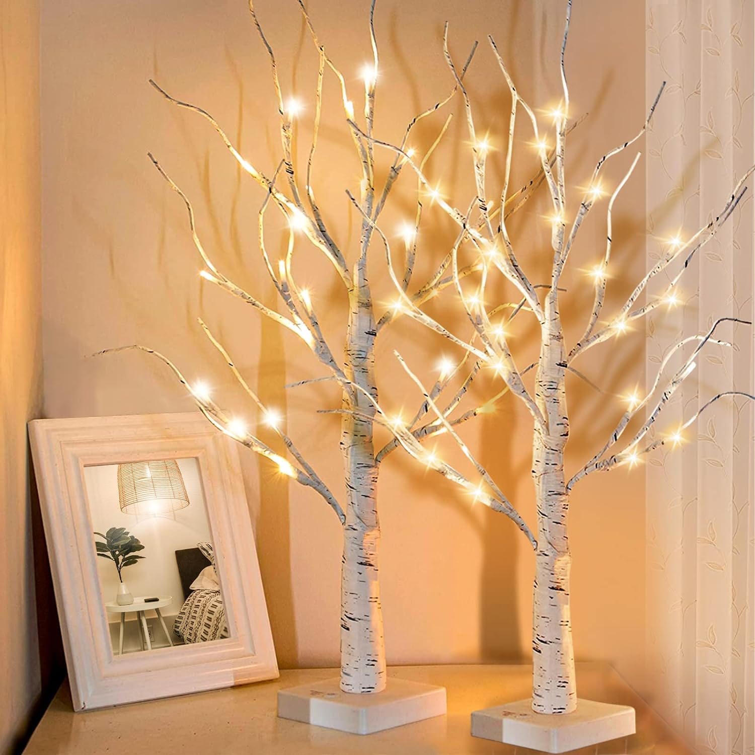 Yiliaw 2 Pack Birch Tree with Warm White LED Lights - DIY Valentine's Day Decor, Fairy Light Spirit Tree Lamp with 24 LEDs for Home, Festival & Room Decoration | USB/Battery Powered with 6H/18H Timer - Perfect for Christmas, Weddings & Cozy Night Ambiance