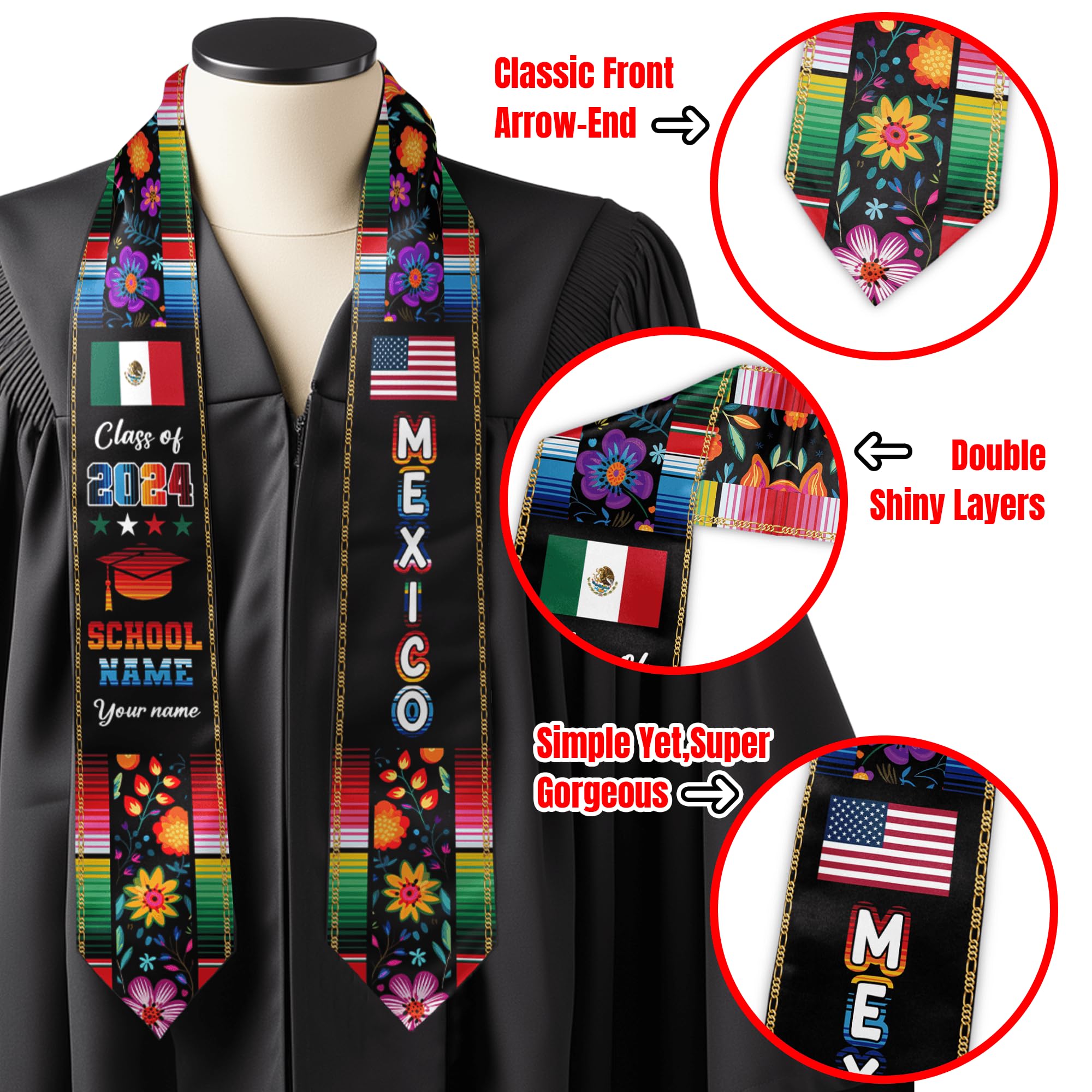 Custom Graduation Stole - Personalized Mexican American Flag Sash for Graduation Ceremony - Perfect for High School, College & University Graduates