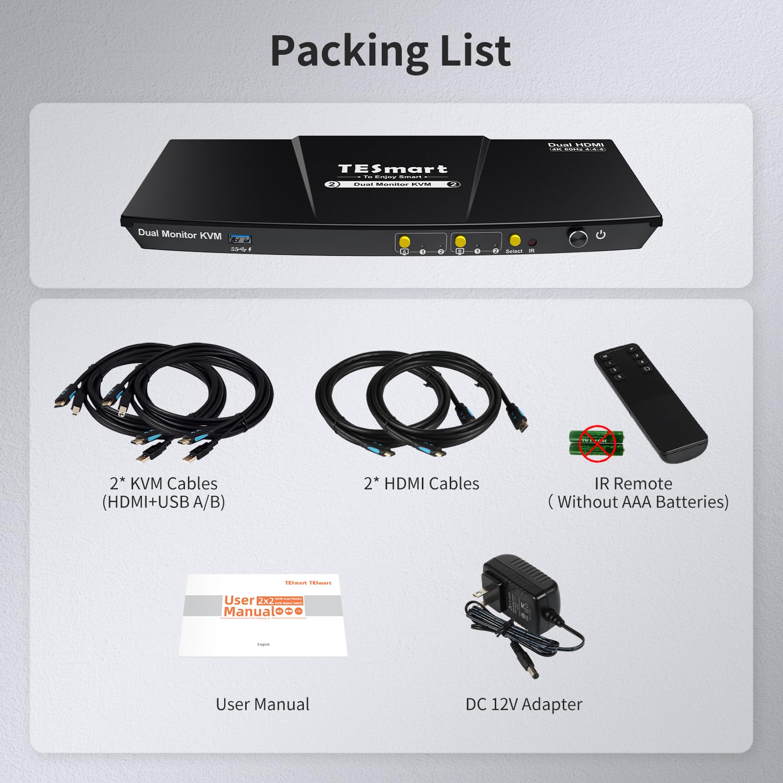 TESmart USB 3.0 HDMI KVM Switch for 2 Monitors & 2 Computers - 4K@60Hz Dual Monitor KVM with Audio, Mic, EDID Emulator - Hotkey & Button Switching for Home Office & Gaming Setup