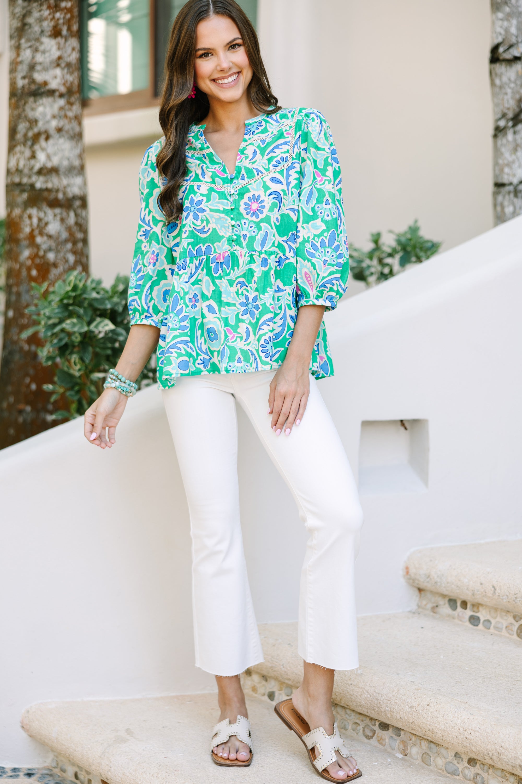 Stylish Green Floral Blouse for Women - Trendy Spring Summer Tops - Perfect for Office, Date Night & Casual Outings