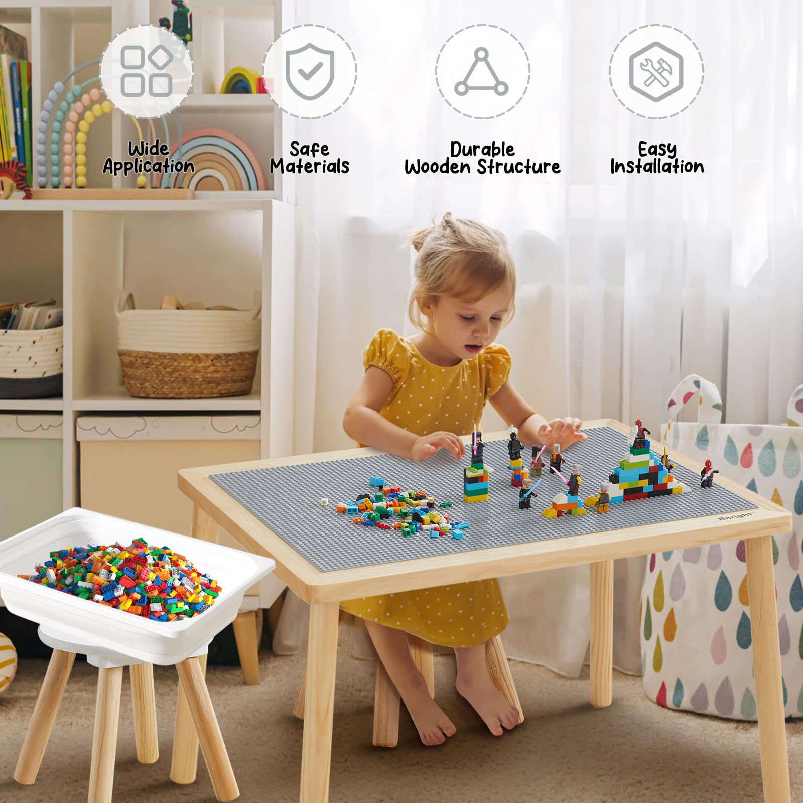 Beright Kids Activity Table with 3 Baseplates - Grey Building Block Play Table with Double-Sided Tabletop | Indoor Sensory Learning Table for Toddlers | Perfect for Preschool Playrooms, Daycare Centers & Home Use