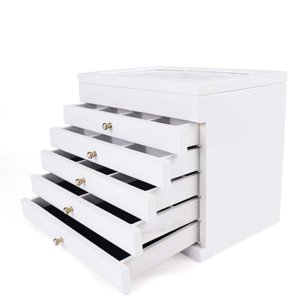 6-Layer Wooden Jewelry Storage Organizer with 5 Drawers - Large Jewelry Box for Women (White) | Perfect for Necklace, Ring & Earring Organization at Home, Travel & Gift Giving