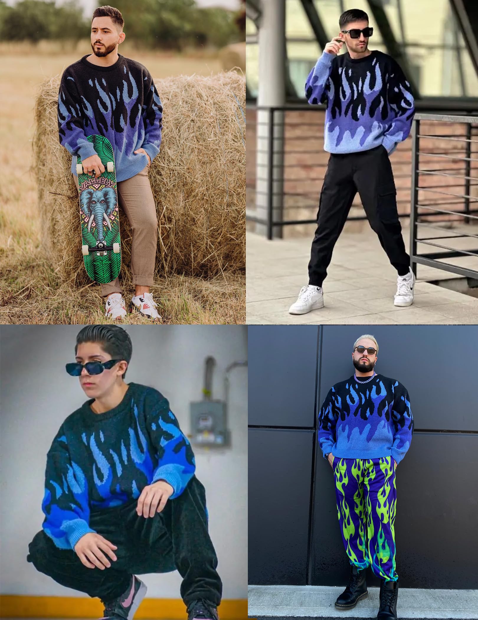 ZAFUL Men's Oversized Y2K Aesthetic Flame Graphic Knit Sweater - Crewneck Casual Pullover Long Sleeve Jumper for Streetwear & Winter Fashion | Perfect for Daily Wear, Parties and Photo Shoots