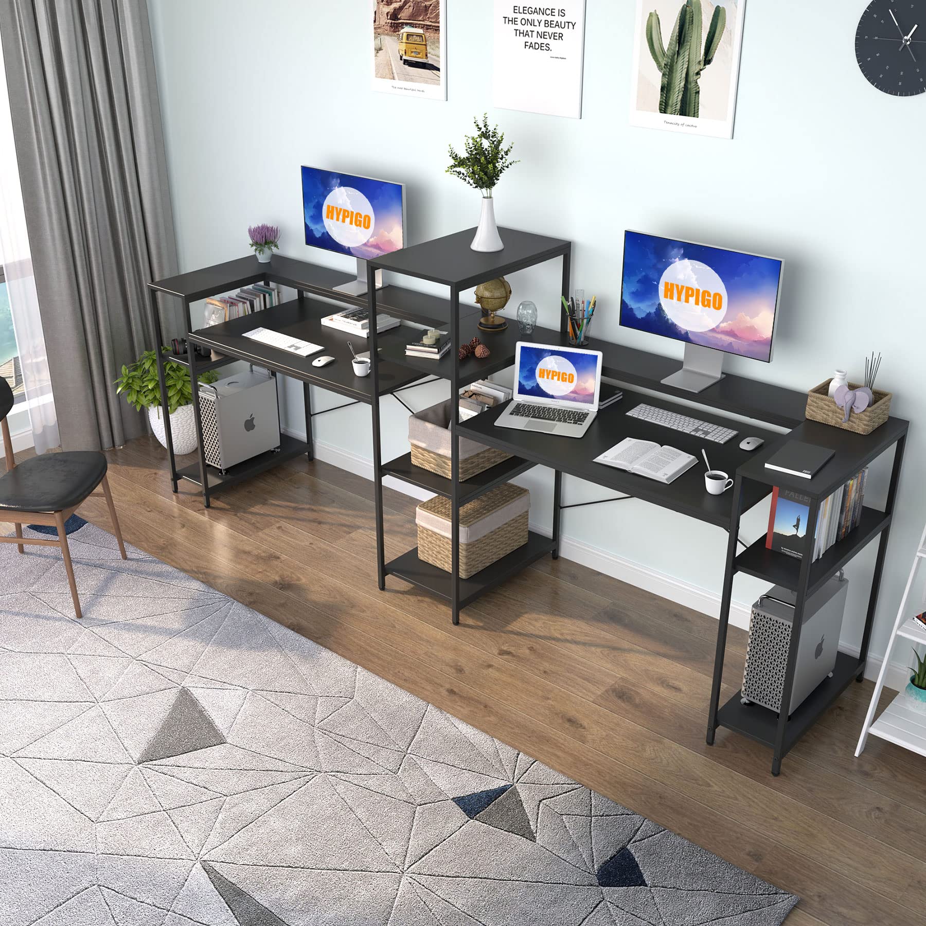 109-Inch Extra Long Two Person Computer Desk with Storage Shelves | Double Workstation Office Desk with Printer Shelf & Monitor Stand | Large Study Writing Table for Home Office (Black) - Perfect for Shared Workspaces & Remote Teams