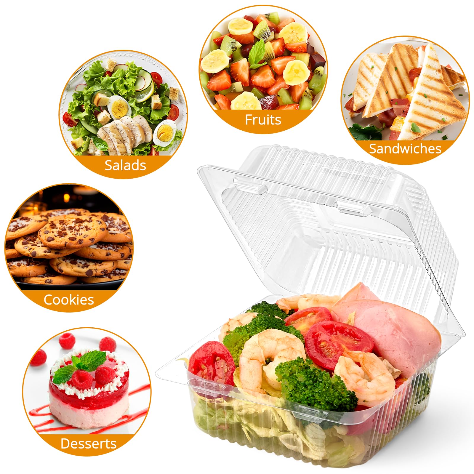 50 Pack Clear Plastic Clamshell Food Containers - Square Cake Slice Containers with Hinged Lids | Disposable To-Go Boxes for Cookies, Desserts, Fruits, Salads & Sandwiches | Perfect for Bakery, Party Favors, Catering & Meal Prep