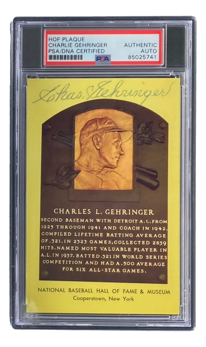 Charlie Gehringer Autographed 4x6 Detroit Tigers Hall of Fame Plaque Card with PSA/DNA Certification #85025741 - Perfect for Baseball Memorabilia Collectors and Tigers Fans Display
