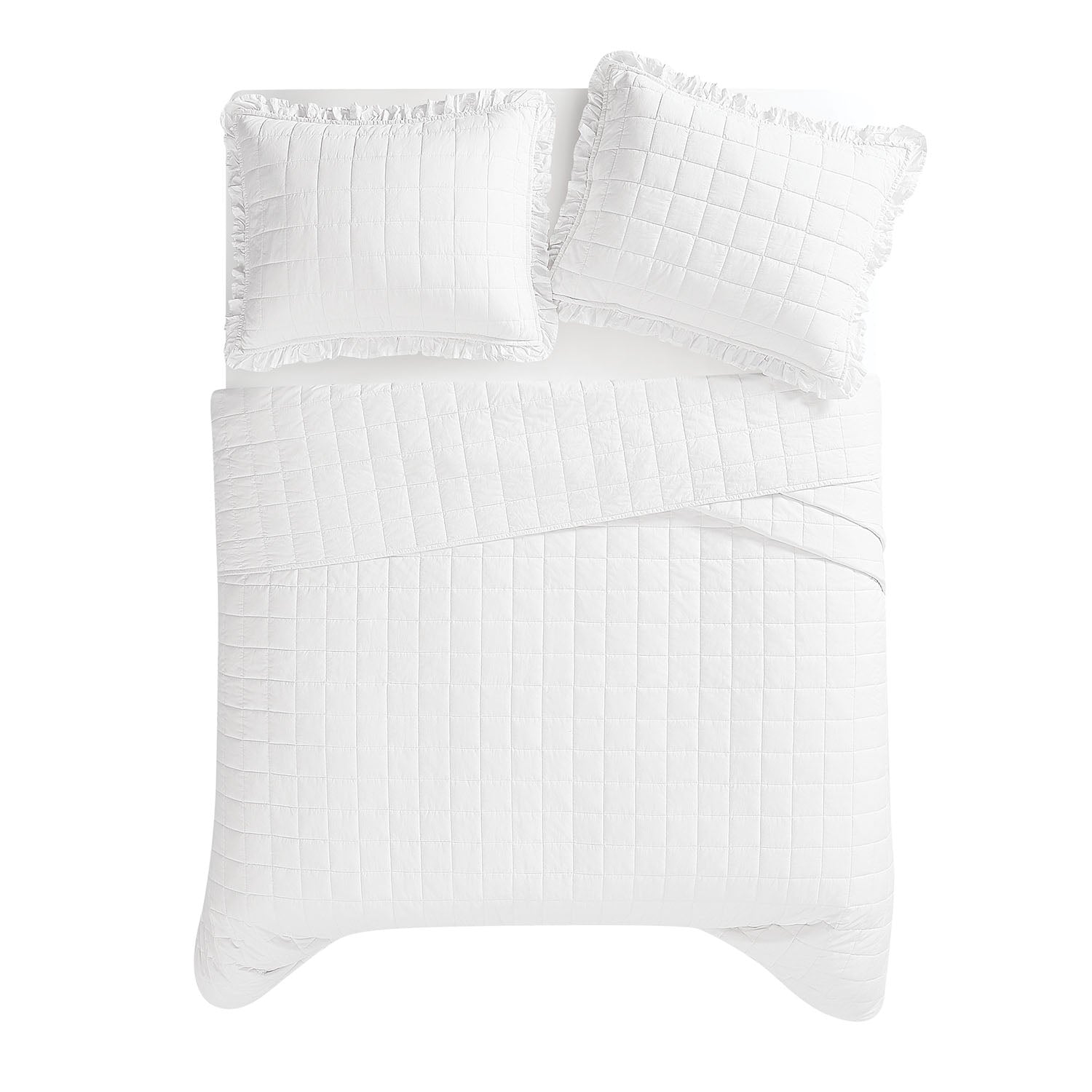 Rachel Ashwell Farmhouse Ruffled Washed Cotton White Quilt Set - Soft Vintage Bedding for Cozy Cottage & Shabby Chic Bedrooms