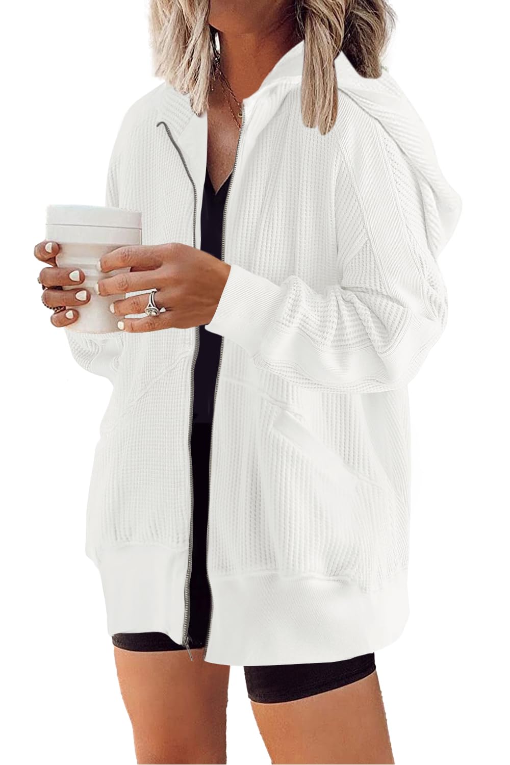 Yanekop Women's Oversized Zip-Up Hoodie Jacket - Waffle Knit Shacket Coat with Pockets | Cozy Fall & Winter Outerwear for Casual Outings, Layering, and Street Style Fashion