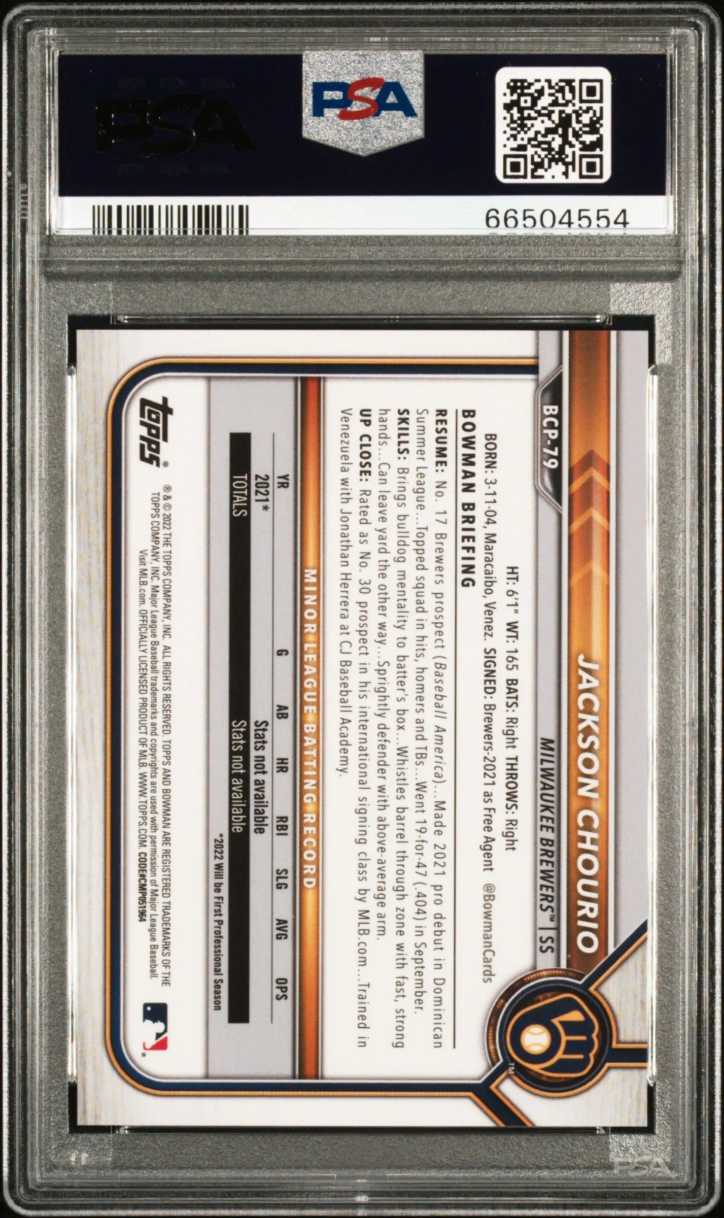 2022 Bowman Sapphire Edition Chrome Prospects Jackson Chourio Orange PSA 10/50 - Rare Baseball Card for Collectors & Investors - Perfect for Display, Trading, and Portfolio Growth