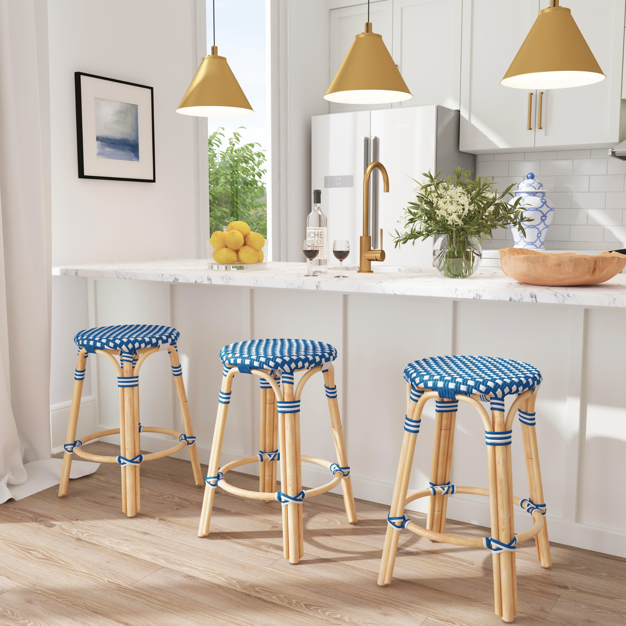 Blue and White Rattan Frame Counter Stool - 24
