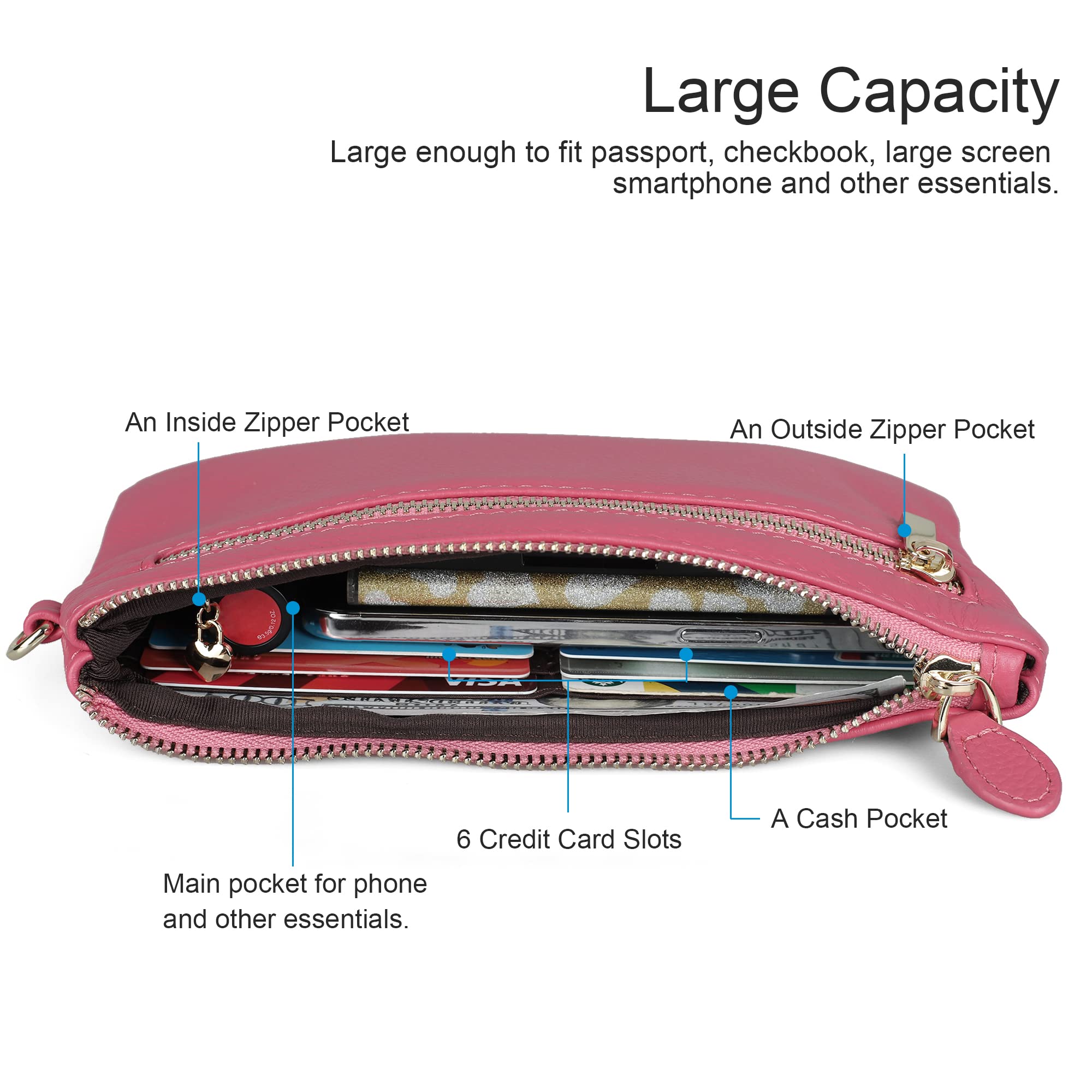 Befen Women's Genuine Italian Leather Wristlet Clutch Wallet Purse with Gold Zipper - Elegant Crossbody Bag for Parties, Travel & Everyday Use