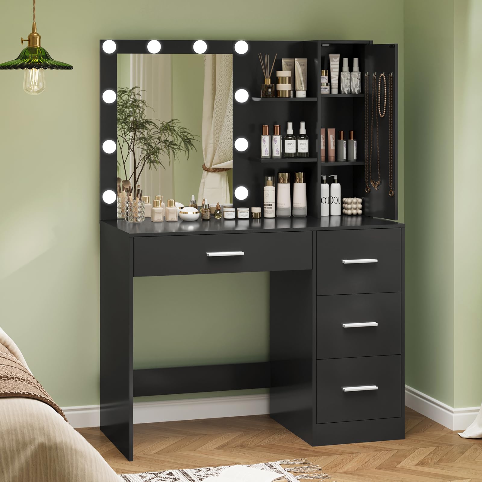 USIKEY Makeup Vanity with LED Lights - 10 LED Lighted Dressing Table with Mirror, 4 Drawers, Cabinet & Necklace Hooks - Black Bedroom Vanity Set for Women | Perfect for Makeup Application, Jewelry Storage & Home Decor