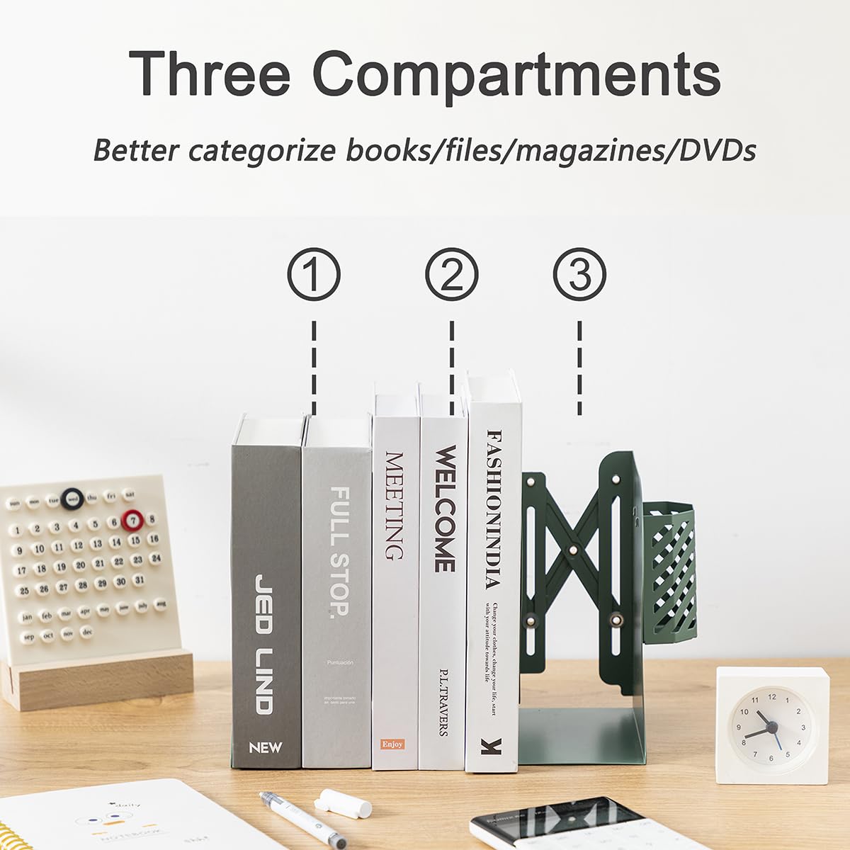 Kingsmile Metal Bookends for Heavy Books - Sturdy Book Stoppers for Shelves, Kids Room, Home Office, Classroom & Library - Includes Removable Pen Holder (Green) - Perfect for Organizing Textbooks, Cookbooks & Decorative Displays