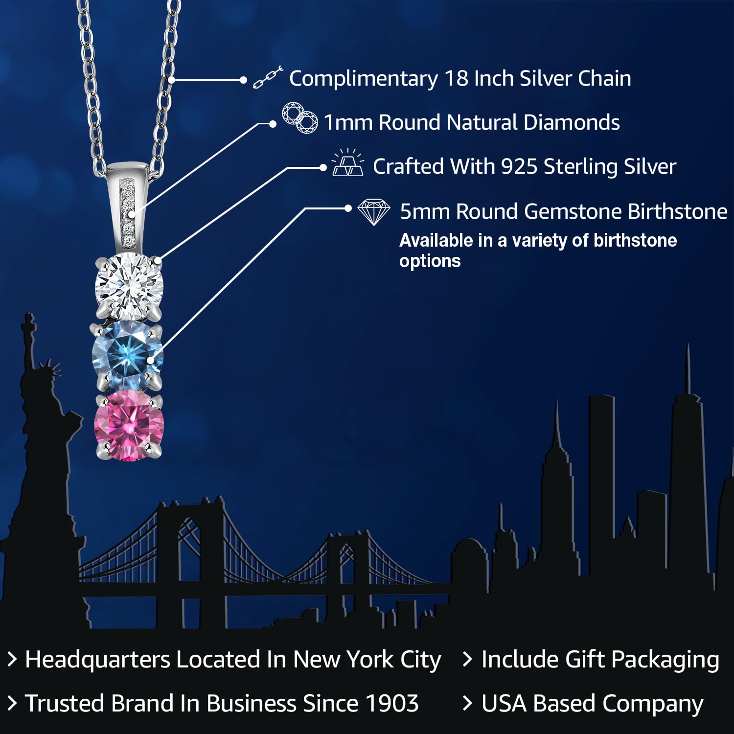 Custom Personalized Diamond & 3 Gemstone Birthstone Mother's Necklace in 925 Sterling Silver | 3-Stone Pendant Necklace for Women | Round 5MM Gemstones | 18