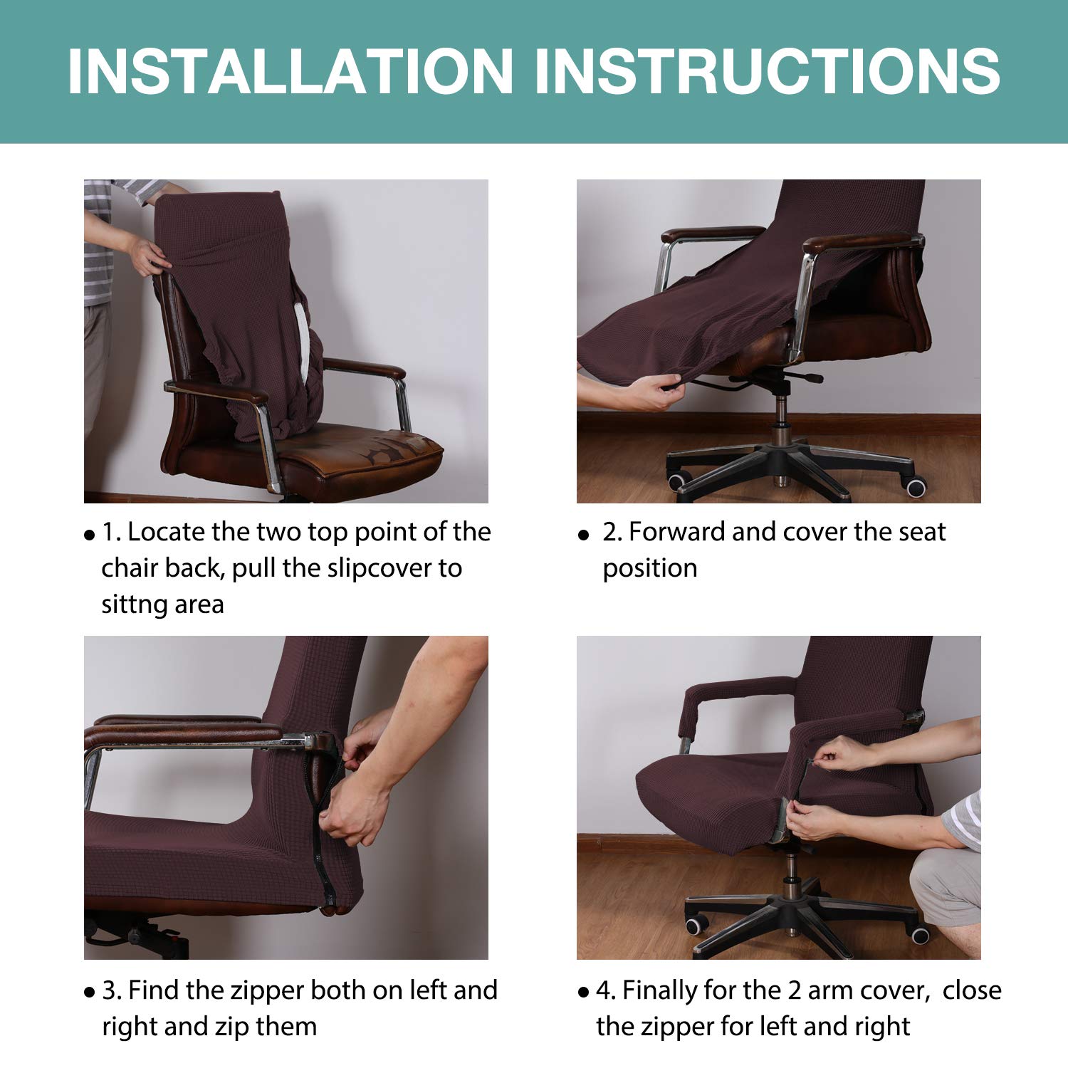 Stretchable Turquoise Office Chair Cover with Arms - Universal Removable Slipcover for Computer, Desk & Boss Chairs - Pet-Friendly Fabric Protector for Dogs & Cats - Perfect for Home Office & Workspaces (Brown)