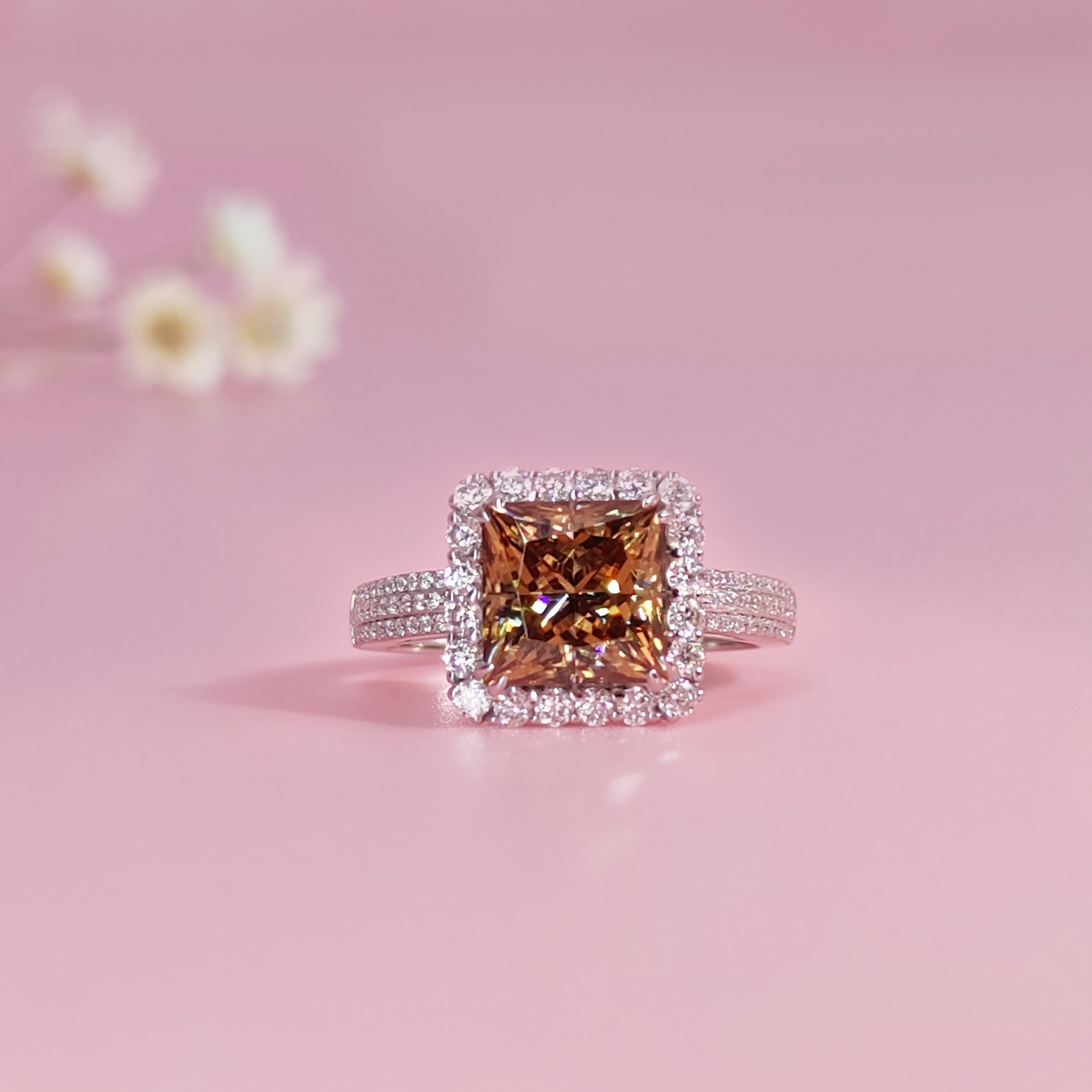 Princess Cut Moissanite Ring in Amber Dusk - Elegant Ashes Jewelry for Women | Perfect for Weddings, Anniversaries & Special Occasions