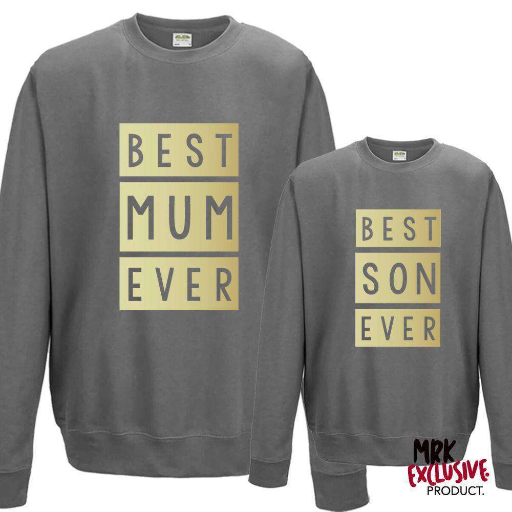 Best Mom & Son Matching Sweaters - Steel Grey & Gold Pullover Set | Cozy Family Outfits for Holidays & Photos