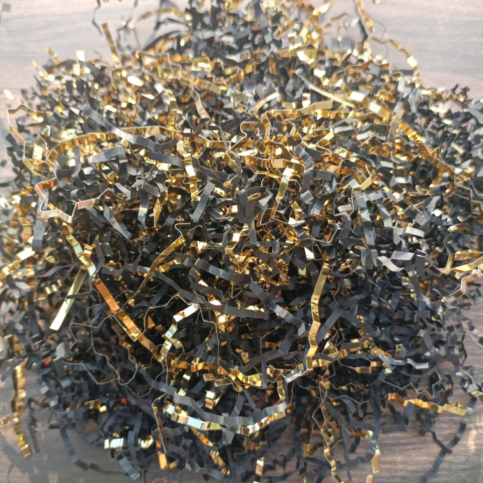 4OZ Black and Gold Crinkle Cut Paper Shreds - Gift Box Filler, Basket Filler, Packaging Confetti for Parties, Weddings, and Events