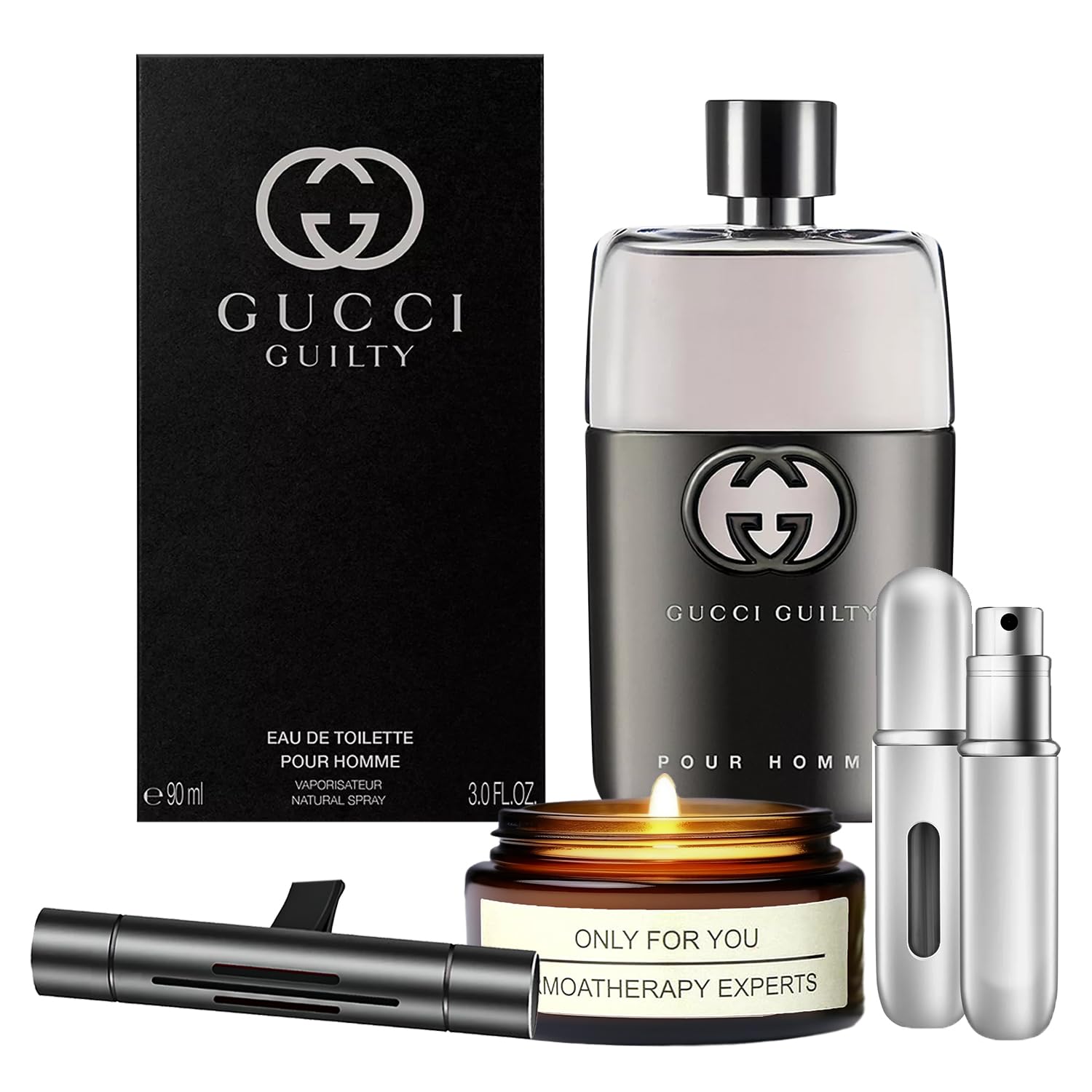 Guilty for Men by Gucci - 3.0 oz Eau de Toilette Spray Gift Set with Lavender Soy Candle, Car Air Fresheners & Travel Perfume Atomizer | Luxury Cologne Gift for Him, Boyfriend, Husband | Perfect for Date Night, Special Occasions & Daily Wear