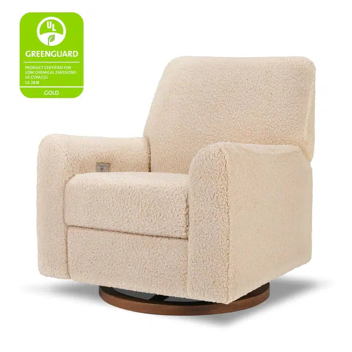 Babyletto Sunday Electronic Glider and Recliner Chair - Luxe Chai Shearling Upholstery with Dark Wood Base for Nursery, Breastfeeding, and Relaxation
