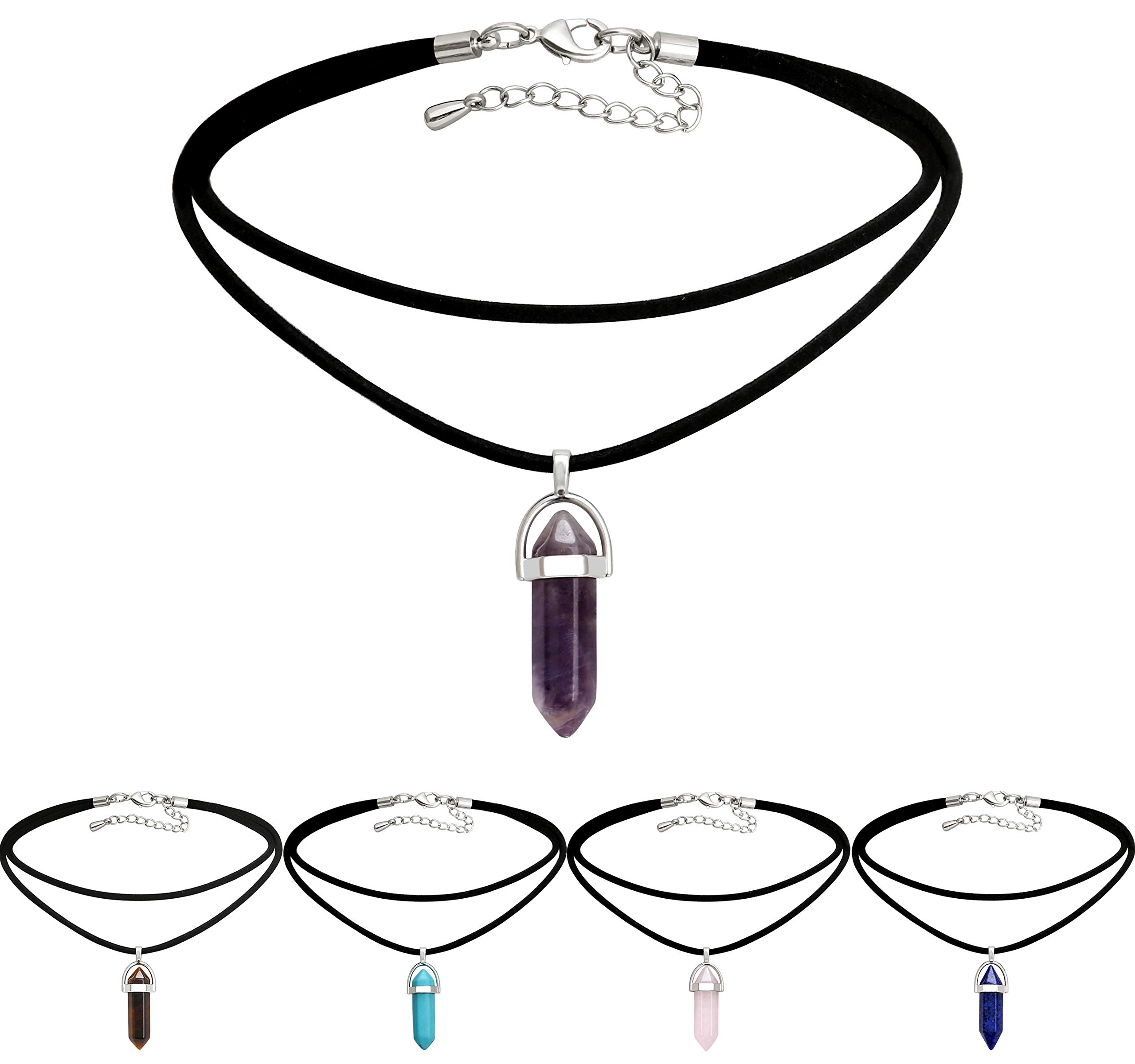 5PCS Hexagonal Amethyst Gemstone Choker Necklaces - Boho Crystal Healing Jewelry for Women with Reiki Chakra Pendant | Perfect for Meditation, Yoga, Spiritual Healing & Boho Fashion Accessories