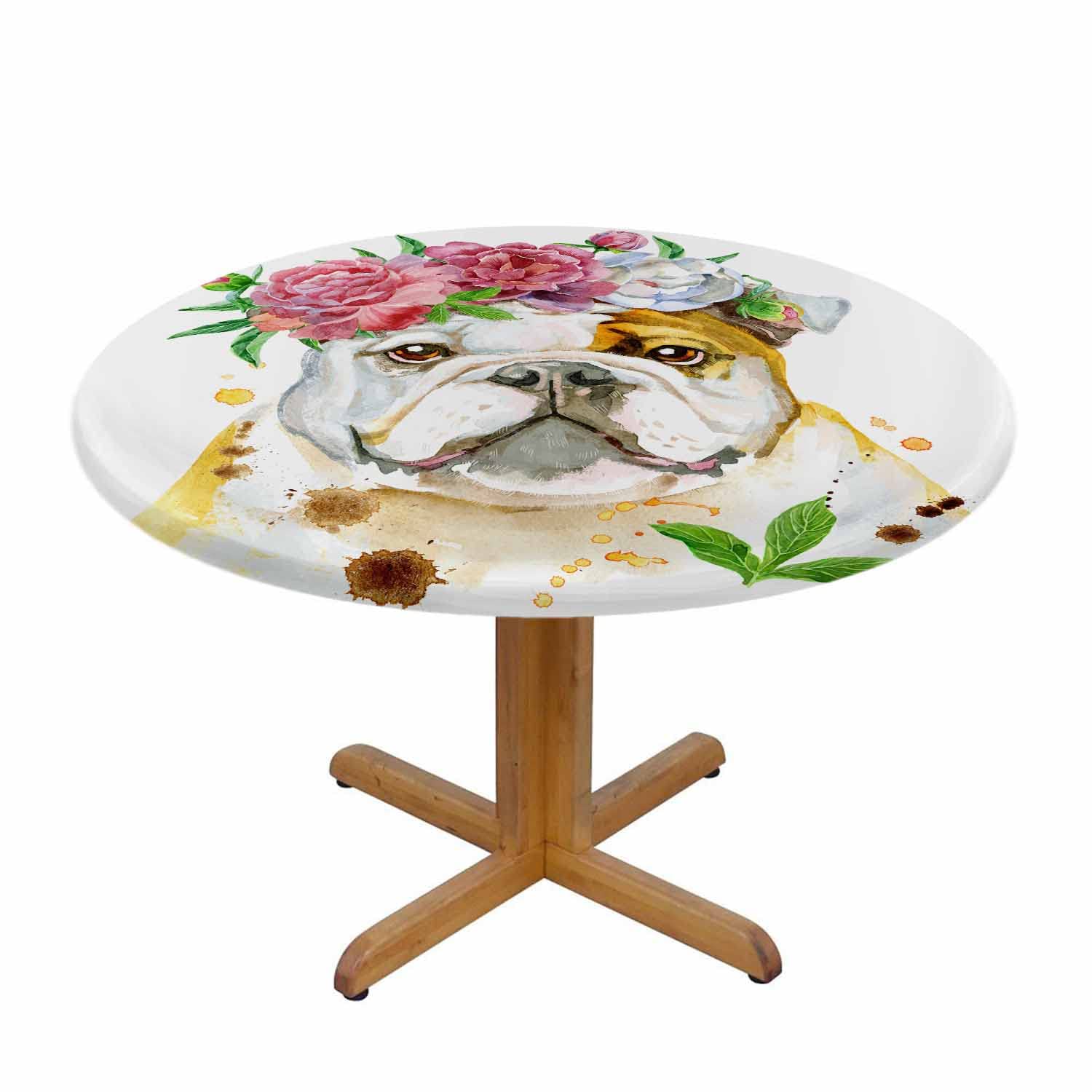 Beabes Bulldog Round Tablecloth 48 Inch - Cute Puppy Dog with Rose Flower Wreath Design, Washable Polyester Table Cover for Kitchen, Dining, Home Decor & Parties | Perfect for Birthday Celebrations, Holiday Gatherings & Pet-Themed Events