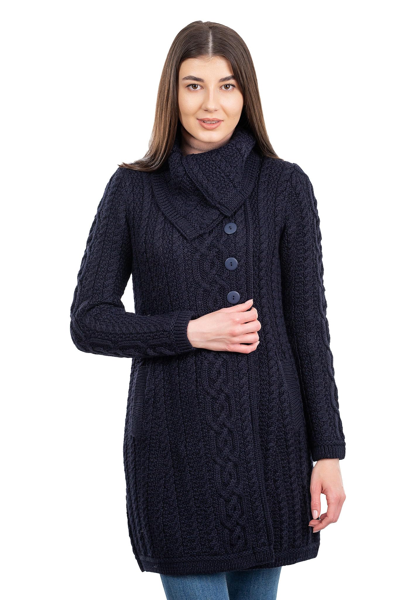 SAOL Irish Cardigan Sweater for Women - Soft Merino Wool Blend with Side Pockets & Oversized Collar | Cozy Fall & Winter Layering Piece for Office, Travel & Casual Outfits