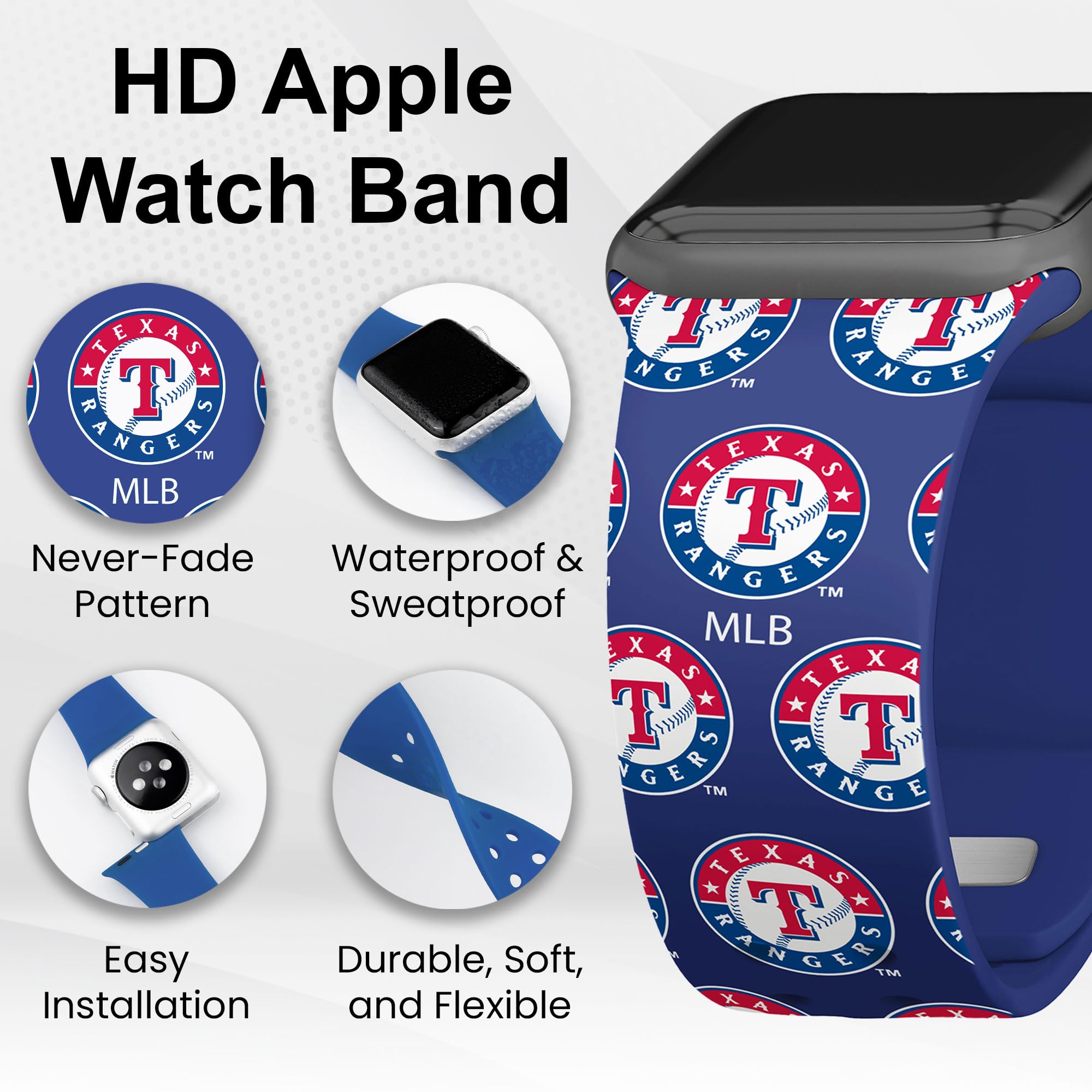 Texas Rangers HD Watch Band for Apple Watch - Durable Silicone Sports Strap, Compatible with Series 1/2/3/4/5/6/7/8/SE - Perfect for Baseball Games, Workouts & Everyday Wear