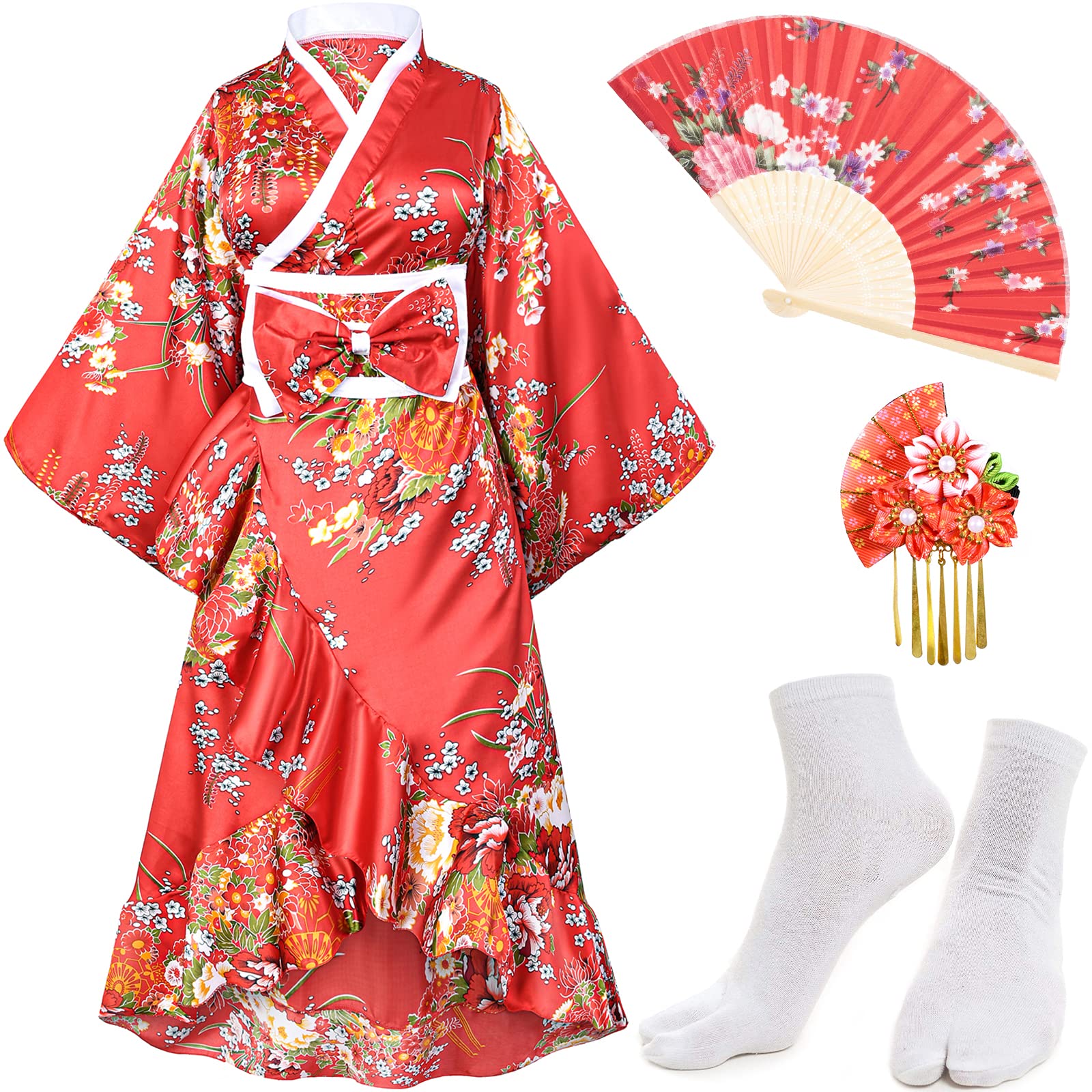 Elegant Women's Kimono Robe - Geisha Style Yukata with Sweet Tuxedo Ruffle & Blossom Print - Satin Bathrobe Sleepwear Set with Tabi Socks | Perfect for Spa Days, Loungewear, Cosplay & Japanese Themed Parties