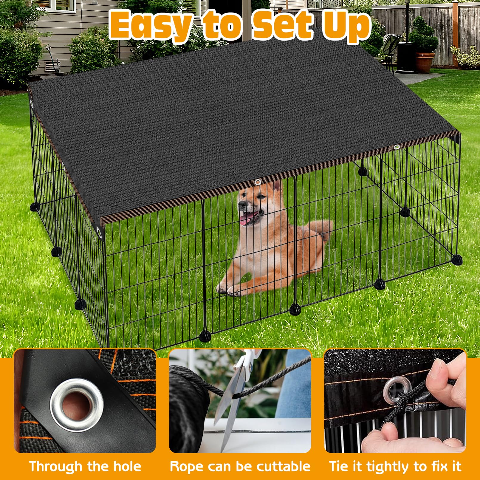 BNOSDM 10x10 Ft Dog Kennel Cover - UV Resistant Sun Shade Cloth with Reinforced Rope for Outdoor Dog Crates, Pet Playpens & Chicken Coops - Perfect for Backyard, Patio & Garden Use