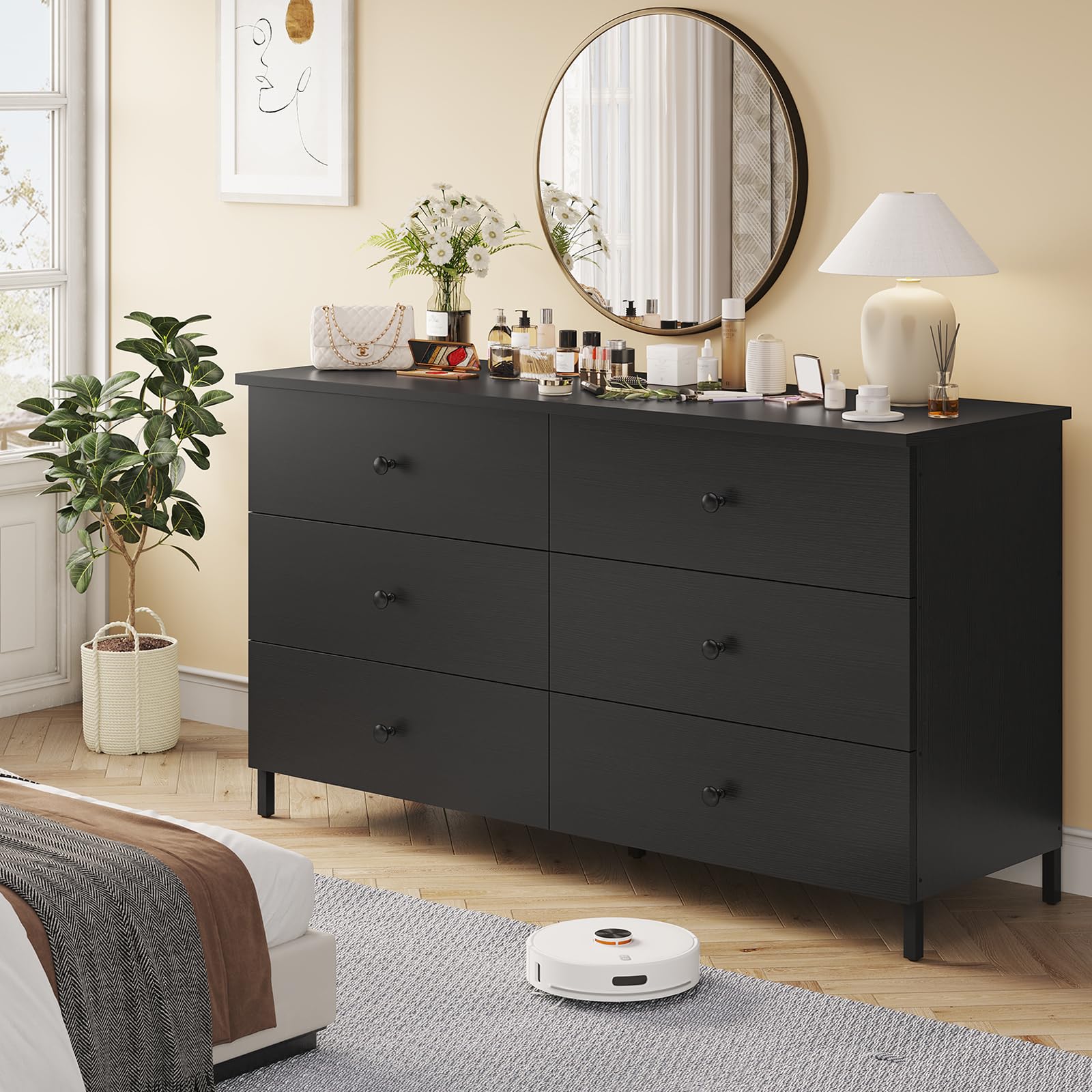 Hasuit 6-Drawer Double Dresser - Solid Wood Chest with Heavy Duty Steel Frame - Large Capacity Storage Organizer for Bedroom, Living Room & Entryway - Perfect for Clothes, Linens, and Home Organization
