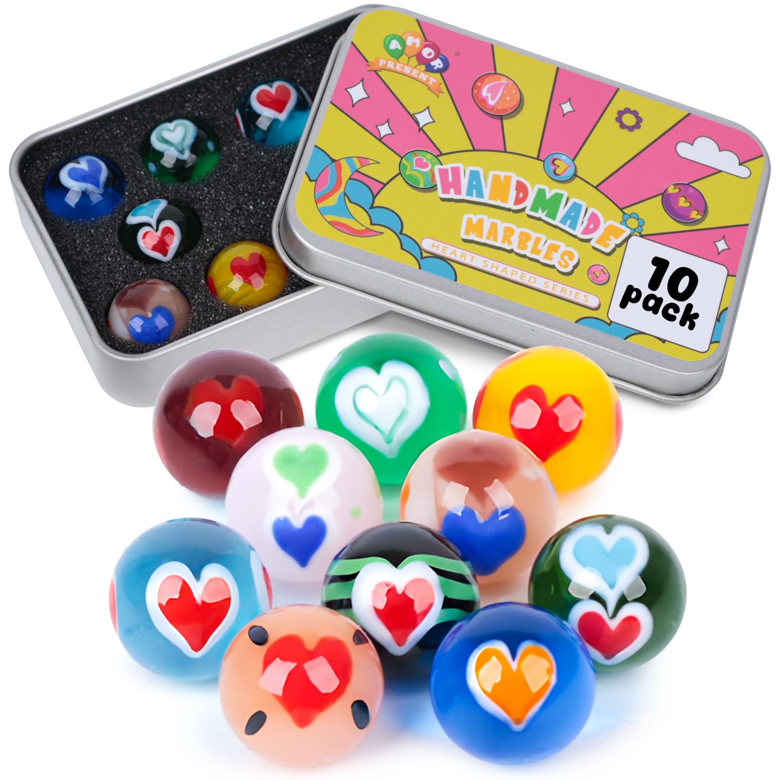 10PCS Handmade Glass Marbles Bulk Set in Decorative Tin Box - Classic Game Pieces for Marble Runs, Collectors & Kids Play - Perfect for Board Games, DIY Crafts & Home Decor