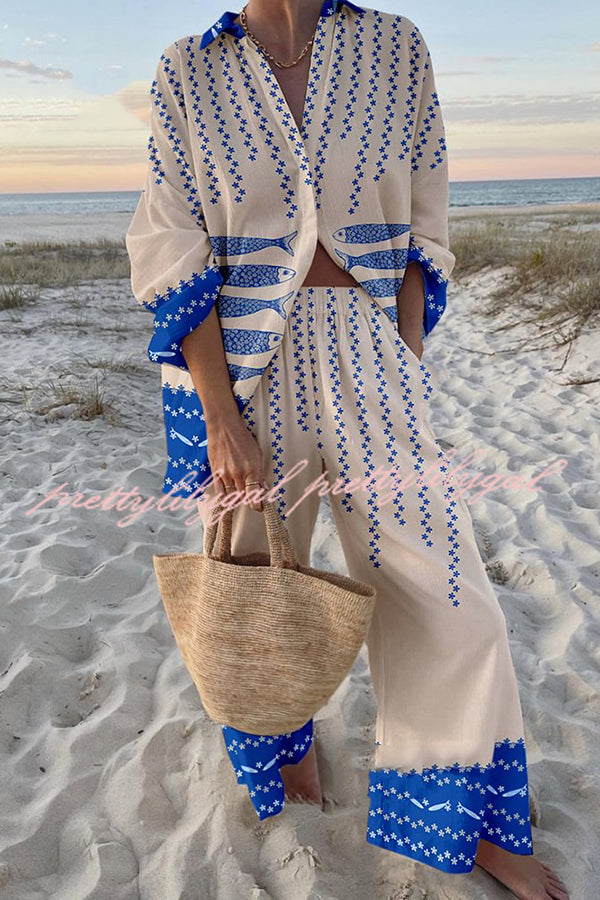 Stylish Ocean Print Oversized Shirt & Elastic Waist Pocket Pants Set - Women's Casual Loungewear for Beach Vacation & Summer Outfits