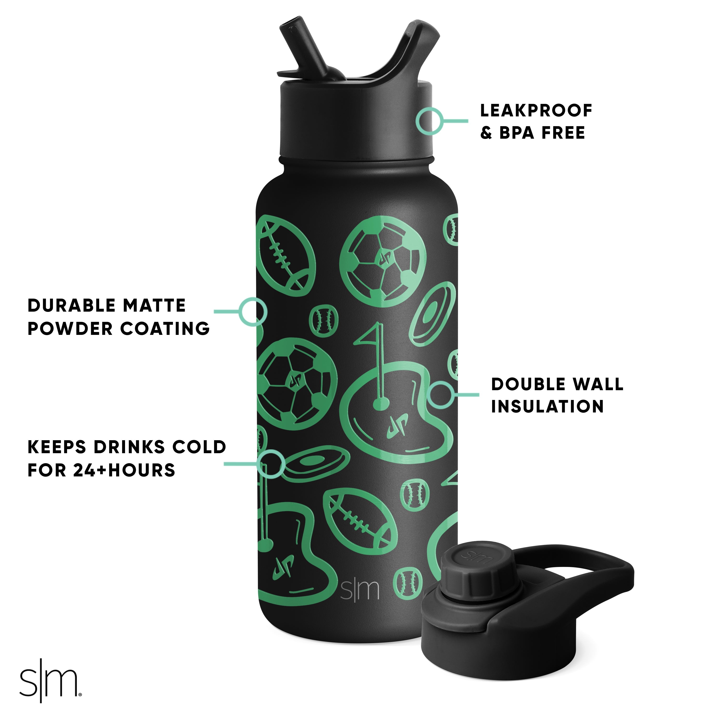 Dude Perfect Summit Water Bottle with Straw Lid & Chug Lid - Leakproof Stainless Steel Insulated Bottle for Gym, Hiking, Sports & Outdoor Activities