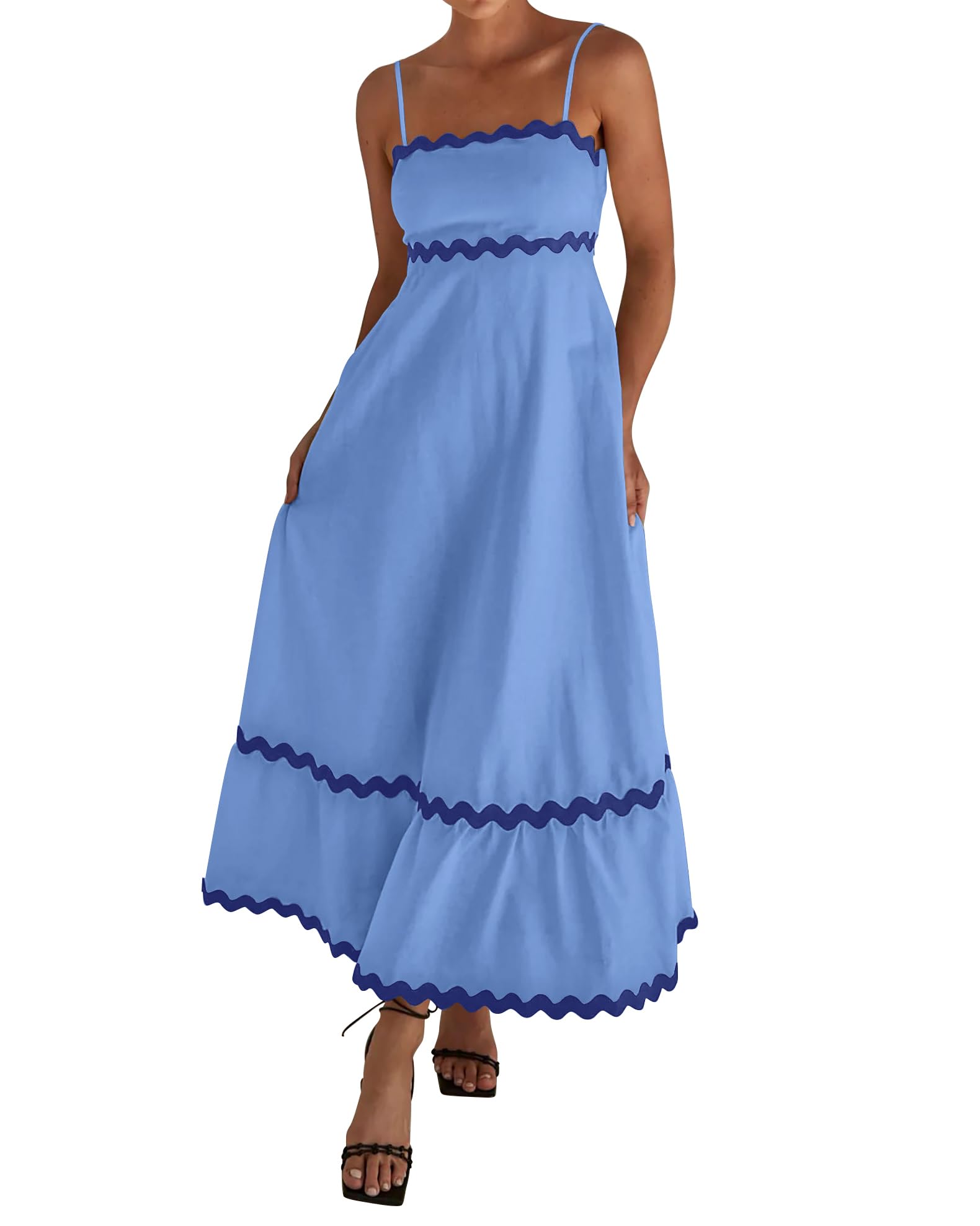 Dowerme Women's Summer Dresses 2025 - Spaghetti Strap Sleeveless Boho Flowy Midi Dress with Smocked Waist & Rickrack Trim | Perfect for Beach Vacation, Date Night & Casual Outings