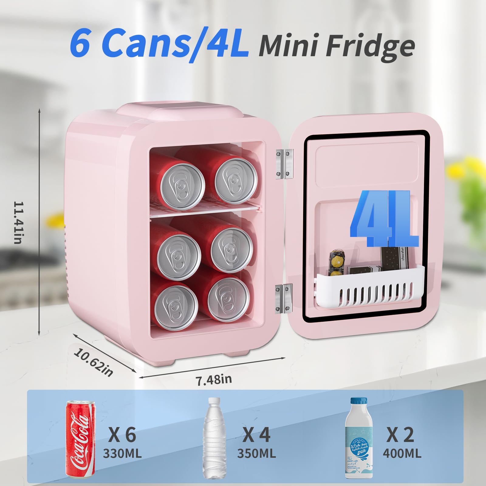 YASHE 4L/6 Can Mini Fridge - Compact Thermoelectric Cooler & Warmer for Skincare, Drinks (110V AC/12V DC) - Perfect for Office, Dorm, Bedroom, Car - Pink Portable Refrigerator for Beauty Products & Beverages