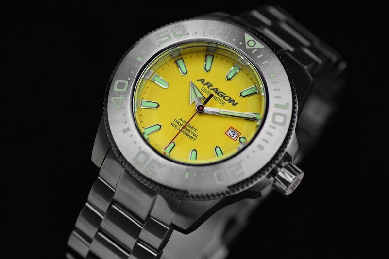 ARAGON Divemaster NH35 Automatic Diver Watch 45mm Stainless Steel Bracelet - Yellow Dial for Men, Waterproof 200M, Perfect for Scuba Diving & Outdoor Adventures