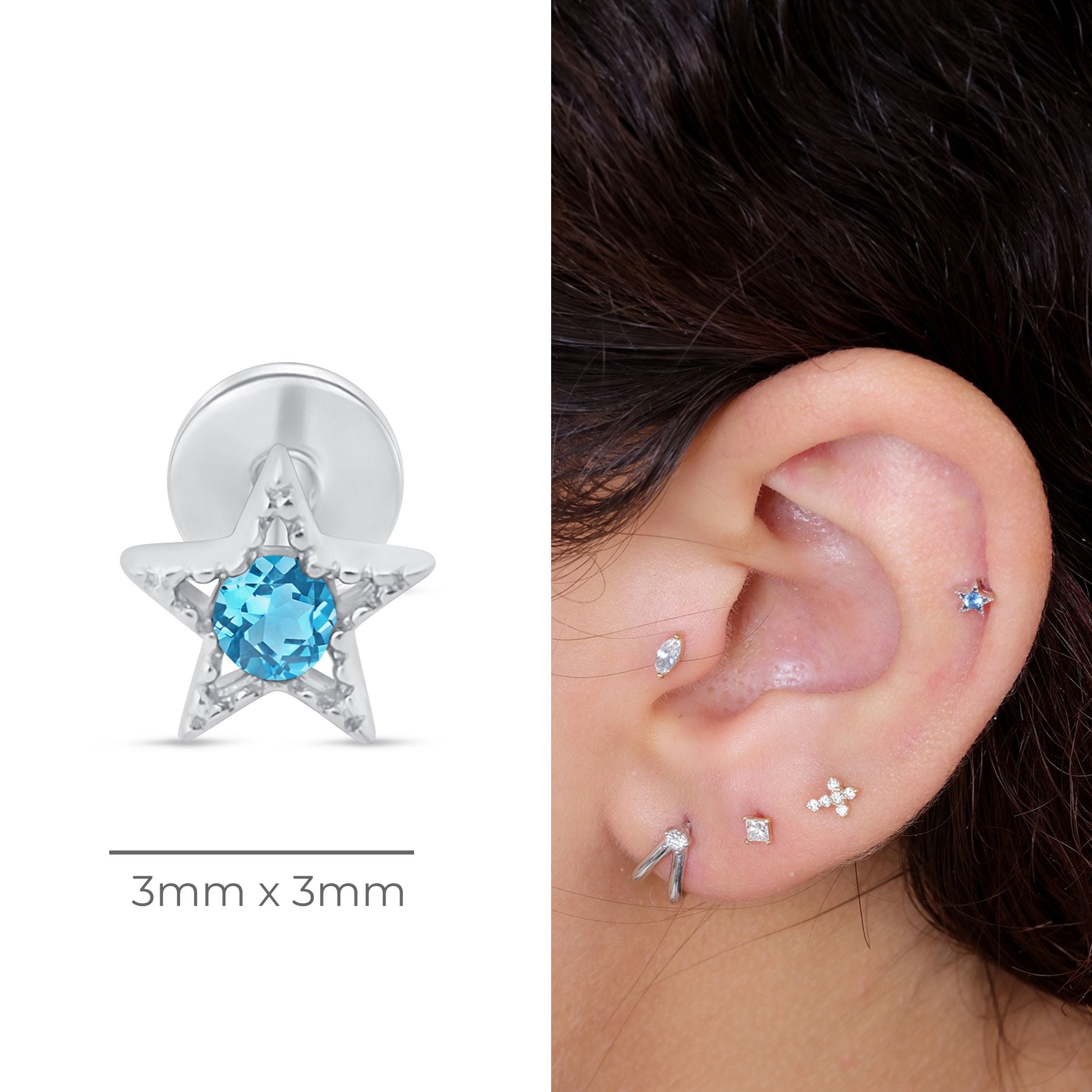 14k White Gold Blue Topaz Star Stud Earrings with Milgrain Detail - Perfect for Bridal, Evening Wear & Special Occasions