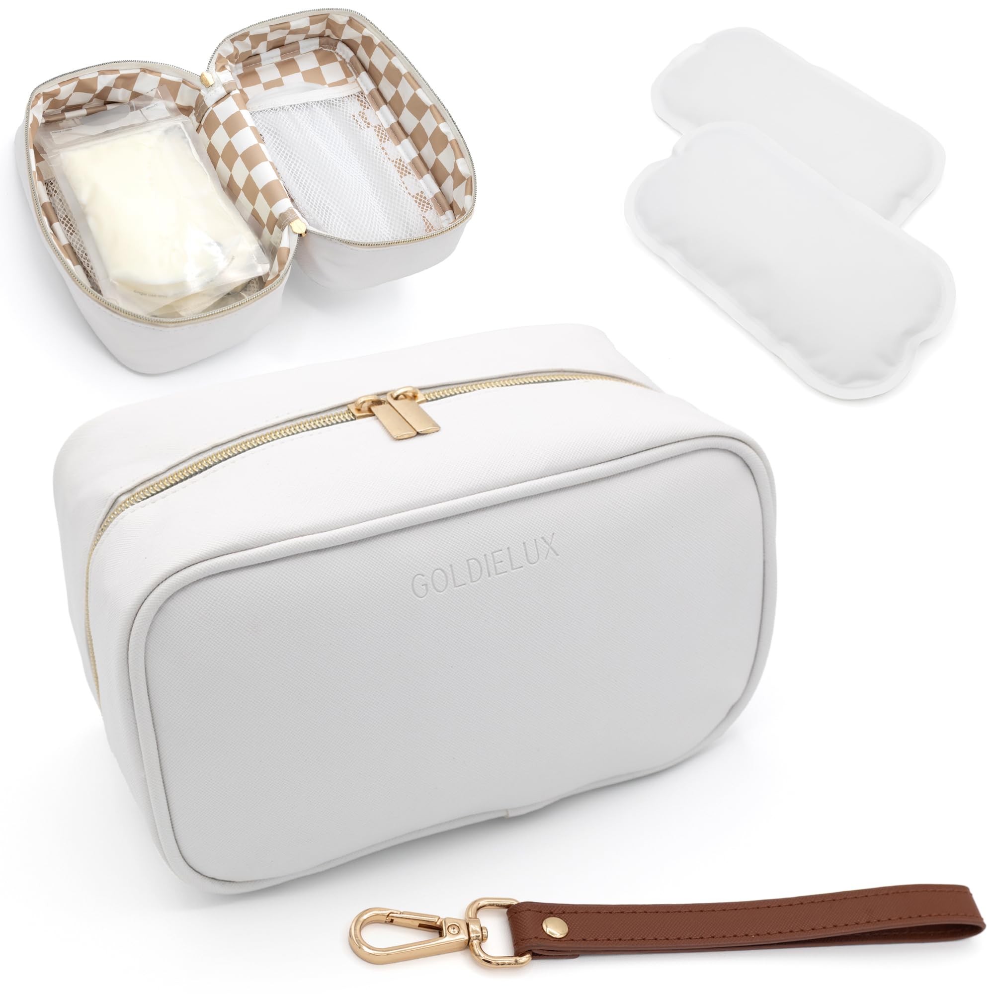 Waterproof Breast Milk Cooler Bag with Ice Pack - Insulated Travel Cooler for Breastmilk Storage, Checkerboard Interior & Leather Strap - Perfect for Moms On-the-Go, Daycare, or Traveling with Baby